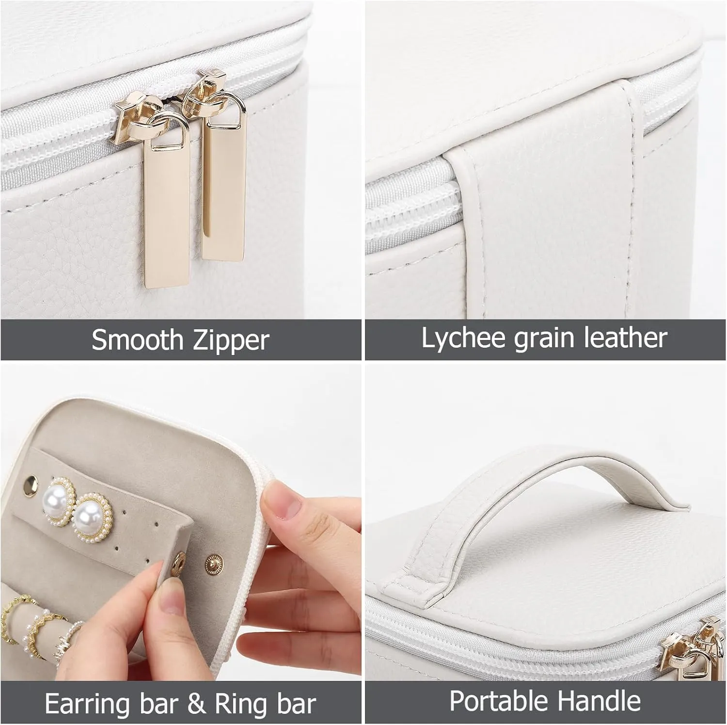 DesignSter Small Jewelry Box, Travel Small Jewelry Organizer with Earring Tray and Ring Holder, Square Travel Jewelry Storage Case with 6 Velvet Jewelry Pouches, Beige