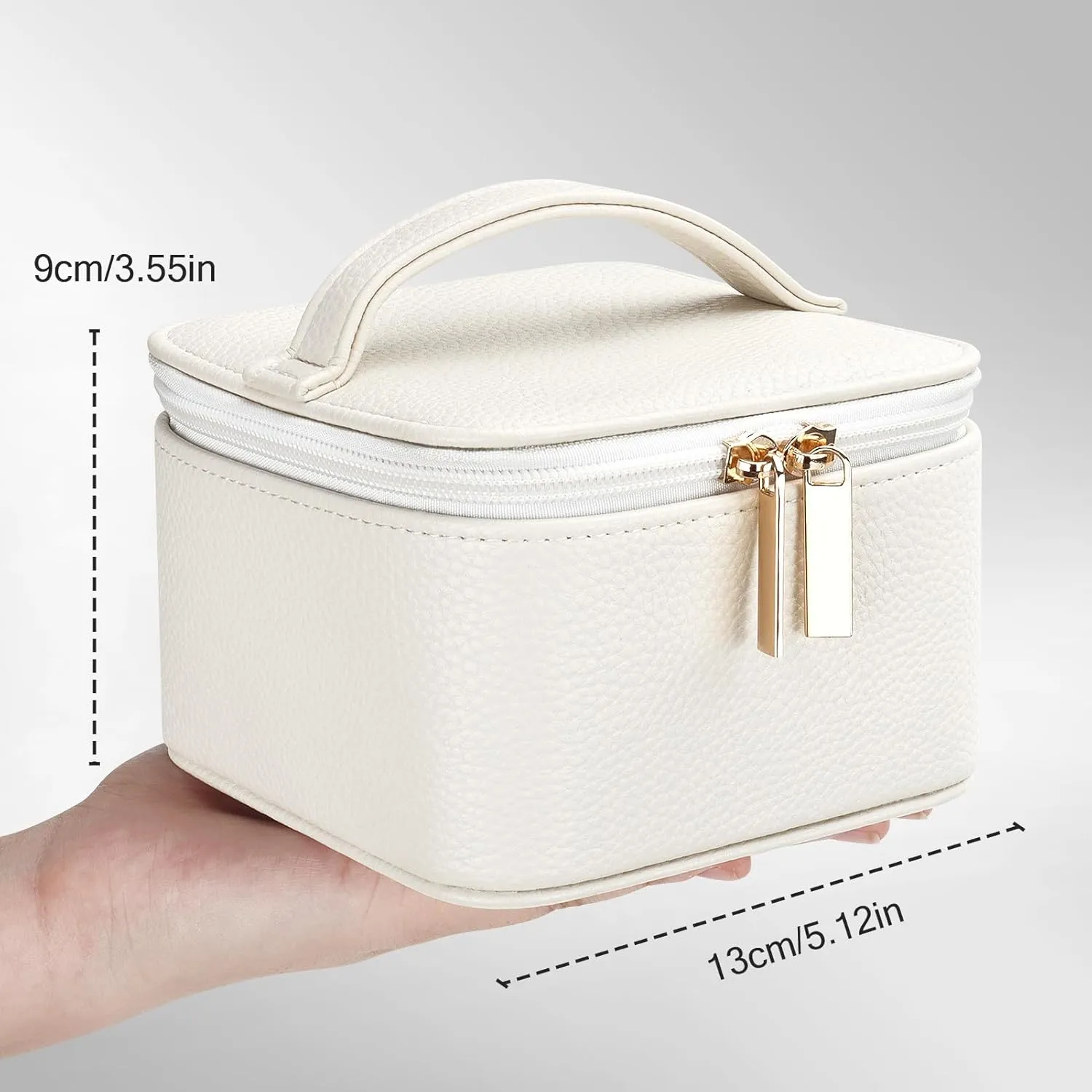 DesignSter Small Jewelry Box, Travel Small Jewelry Organizer with Earring Tray and Ring Holder, Square Travel Jewelry Storage Case with 6 Velvet Jewelry Pouches, Beige