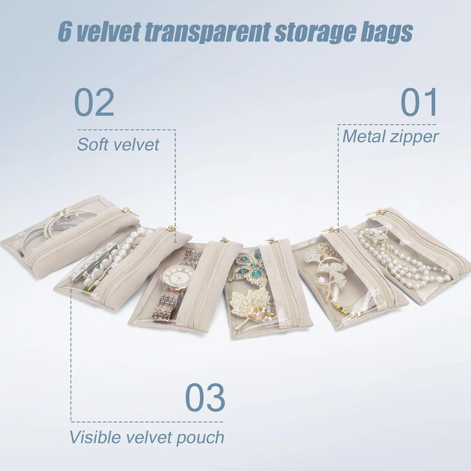 DesignSter Small Jewelry Box, Travel Small Jewelry Organizer with Earring Tray and Ring Holder, Square Travel Jewelry Storage Case with 6 Velvet Jewelry Pouches, Blue Gray