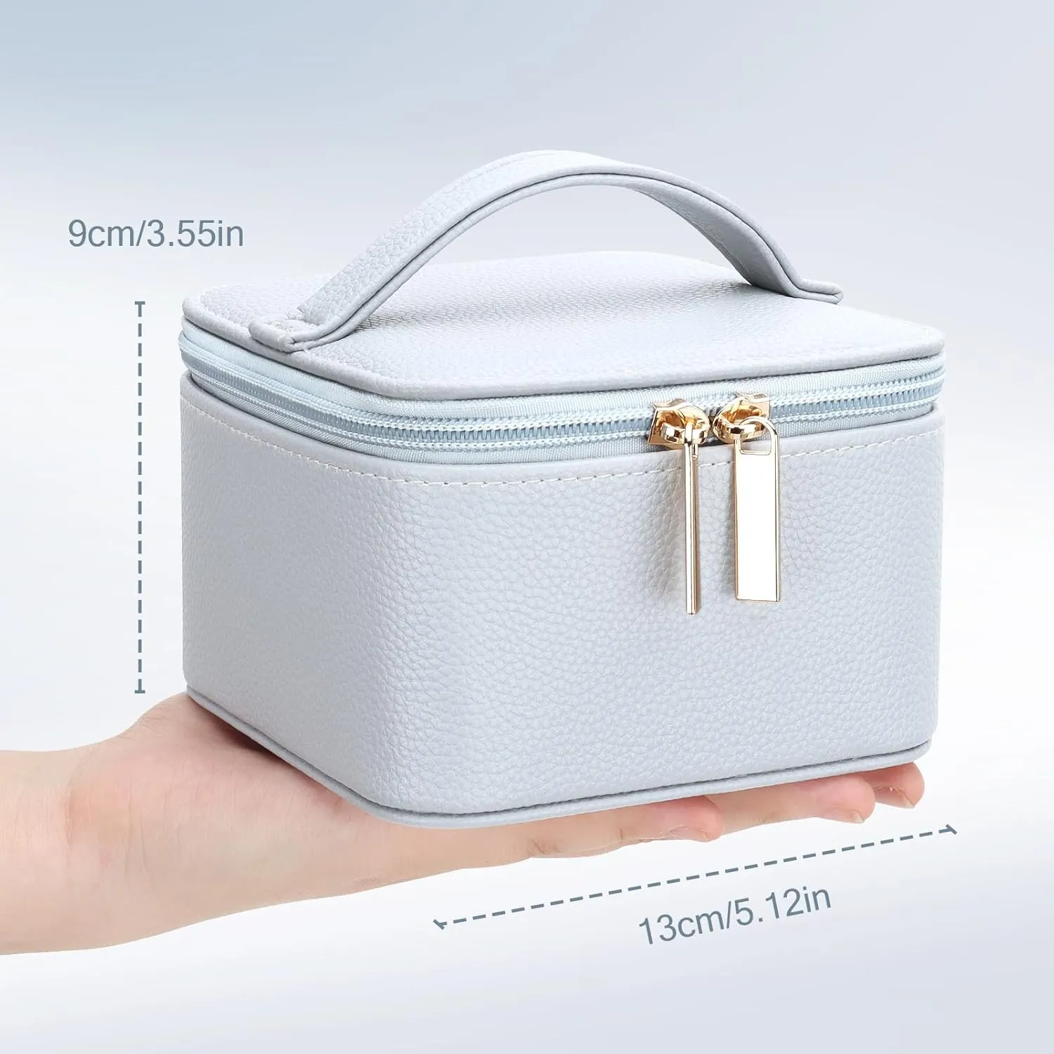DesignSter Small Jewelry Box, Travel Small Jewelry Organizer with Earring Tray and Ring Holder, Square Travel Jewelry Storage Case with 6 Velvet Jewelry Pouches, Blue Gray