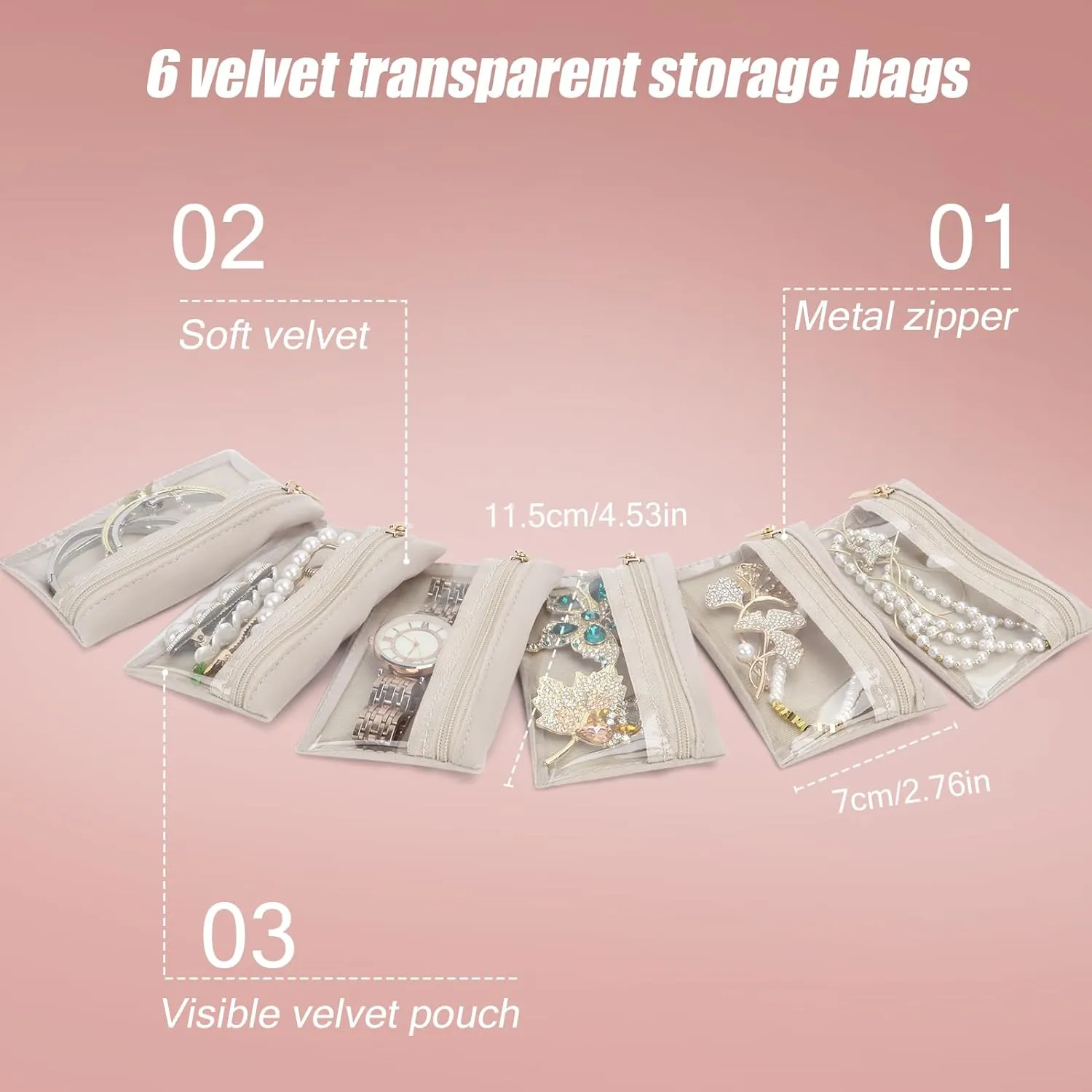 DesignSter Small Jewelry Box, Travel Small Jewelry Organizer with Earring Tray and Ring Holder,Square Travel Jewelry Storage Case with 6 Velvet Jewelry Pouches, Pink