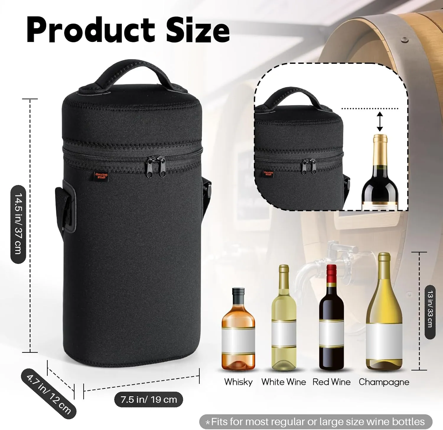 Desing Wish 2 Bottle Wine Carrier Tote Neoprene Insulated Wine Cooler Bag with Handle and Adjustable Shoulder Strap Portable Wine Bottle Bag for Dating/Party/Picnic/Christmas - Black