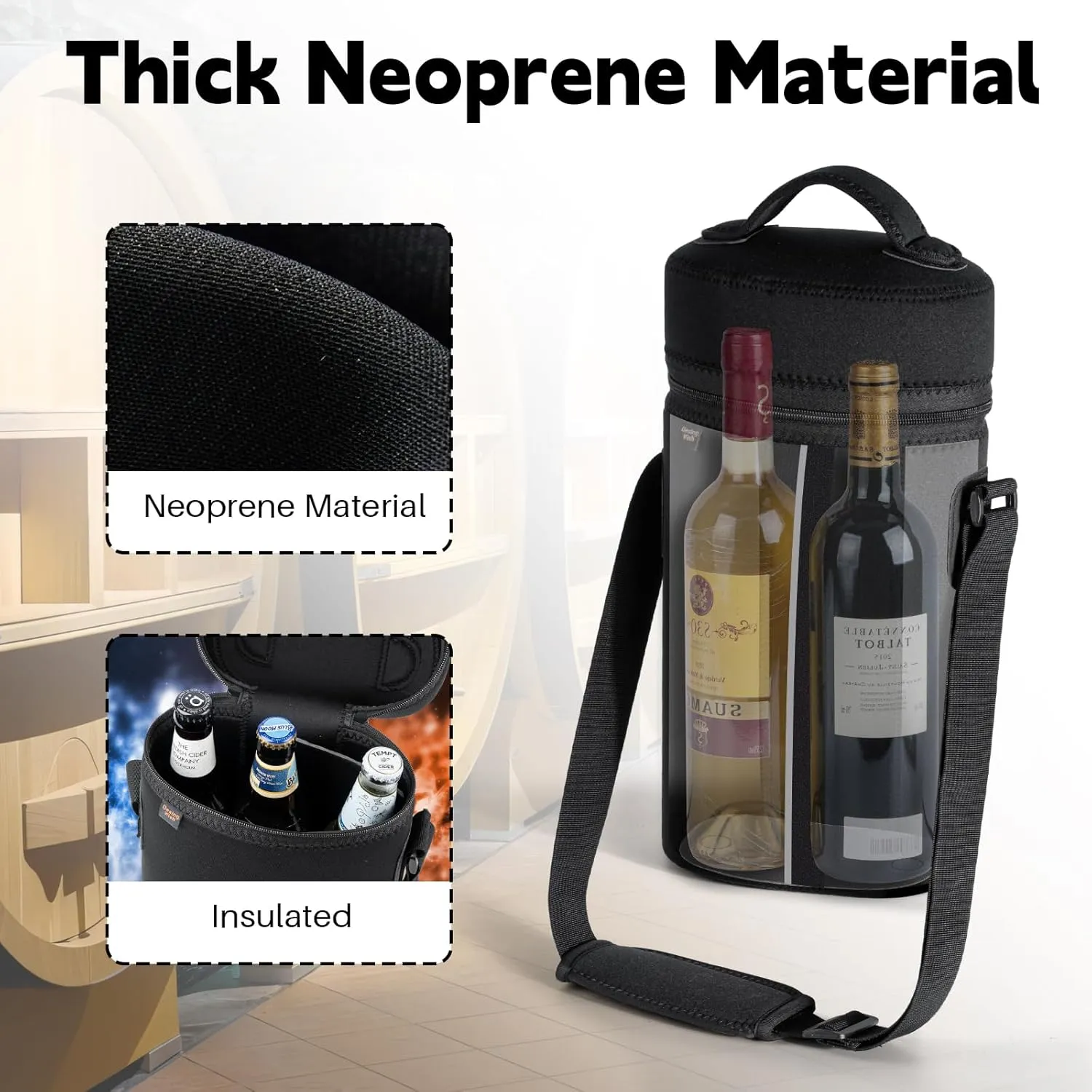 Desing Wish 2 Bottle Wine Carrier Tote Neoprene Insulated Wine Cooler Bag with Handle and Adjustable Shoulder Strap Portable Wine Bottle Bag for Dating/Party/Picnic/Christmas - Black
