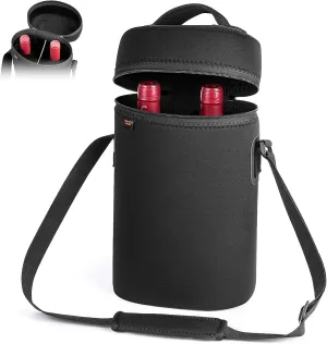 Desing Wish 2 Bottle Wine Carrier Tote Neoprene Insulated Wine Cooler Bag with Handle and Adjustable Shoulder Strap Portable Wine Bottle Bag for Dating/Party/Picnic/Christmas - Black
