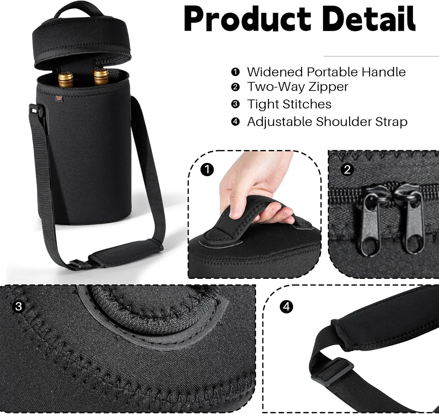 Desing Wish 2 Bottle Wine Carrier Tote Neoprene Insulated Wine Cooler Bag with Handle and Adjustable Shoulder Strap Portable Wine Bottle Bag for Dating/Party/Picnic/Christmas - Black