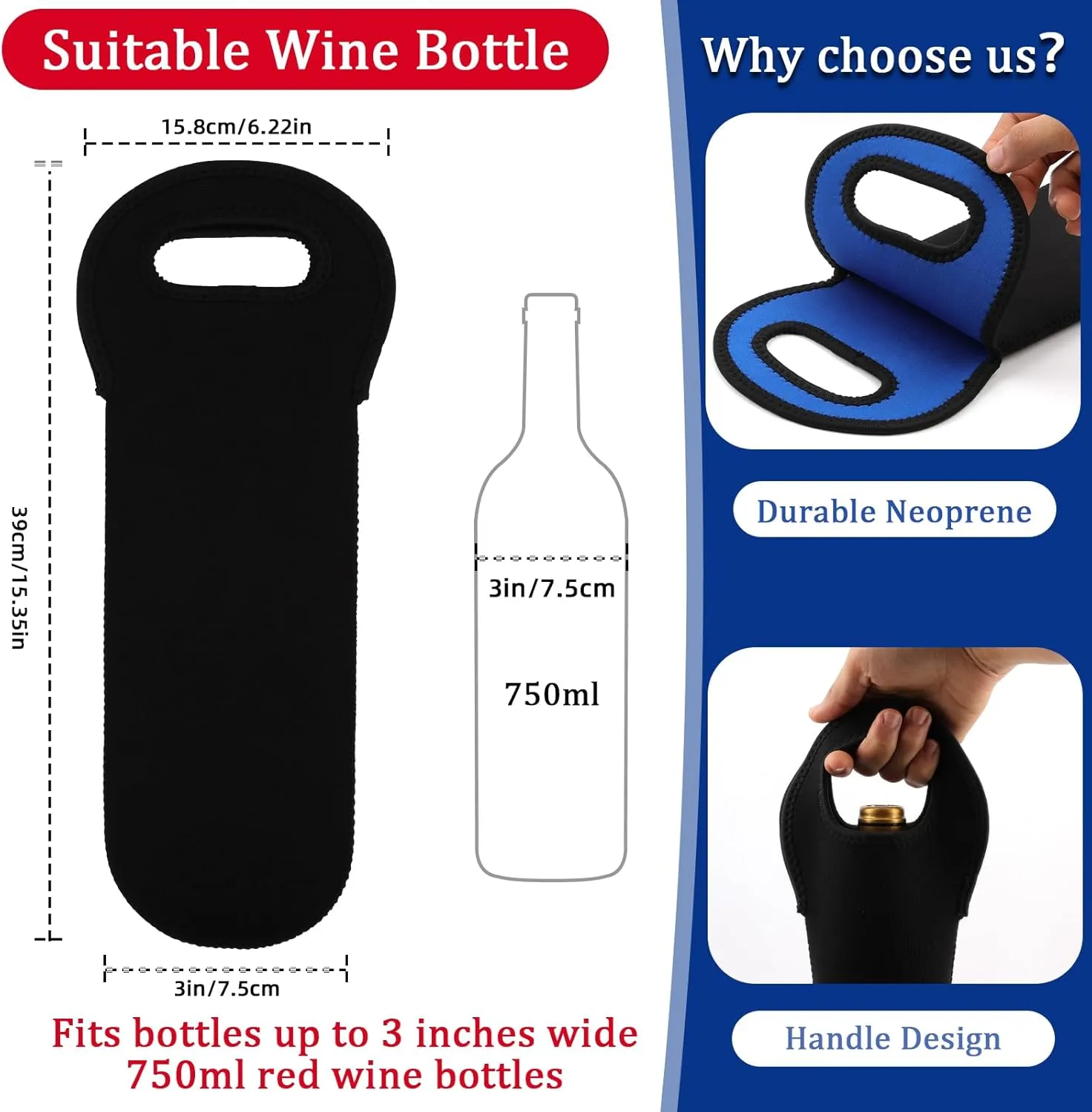 Desing Wish 2 PCS Wine Carrier Tote Bags for 750ml Bottles, Insulated Neoprene Wine Cooler Bags for Gift/Picnic/Party/Beach/Christmas - Red & Blue