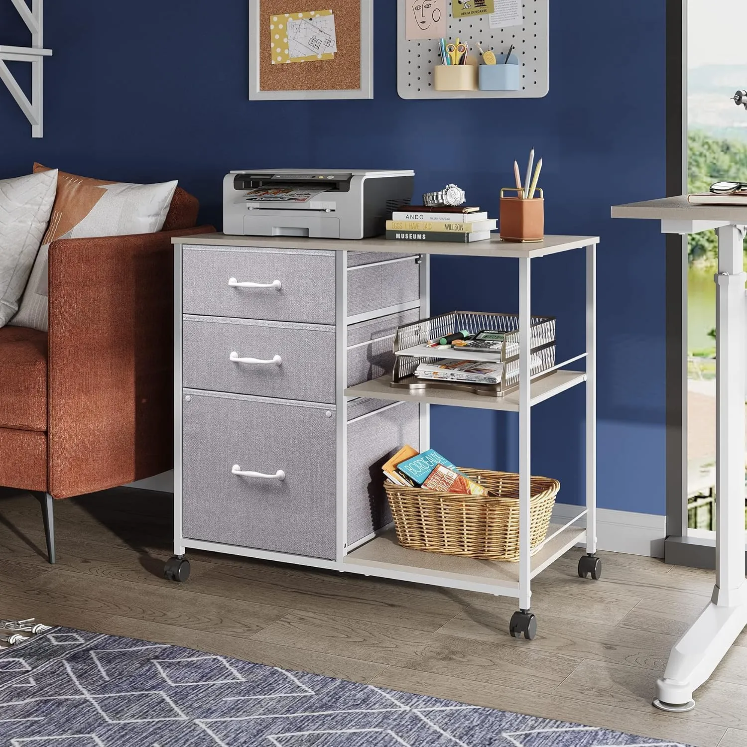 DEVAISE 3 Drawer Mobile File Cabinet, Rolling Printer Stand with Open Storage Shelf, Fabric Lateral Filing Cabinet fits A4 or Letter Size for Home Office, Light Grey