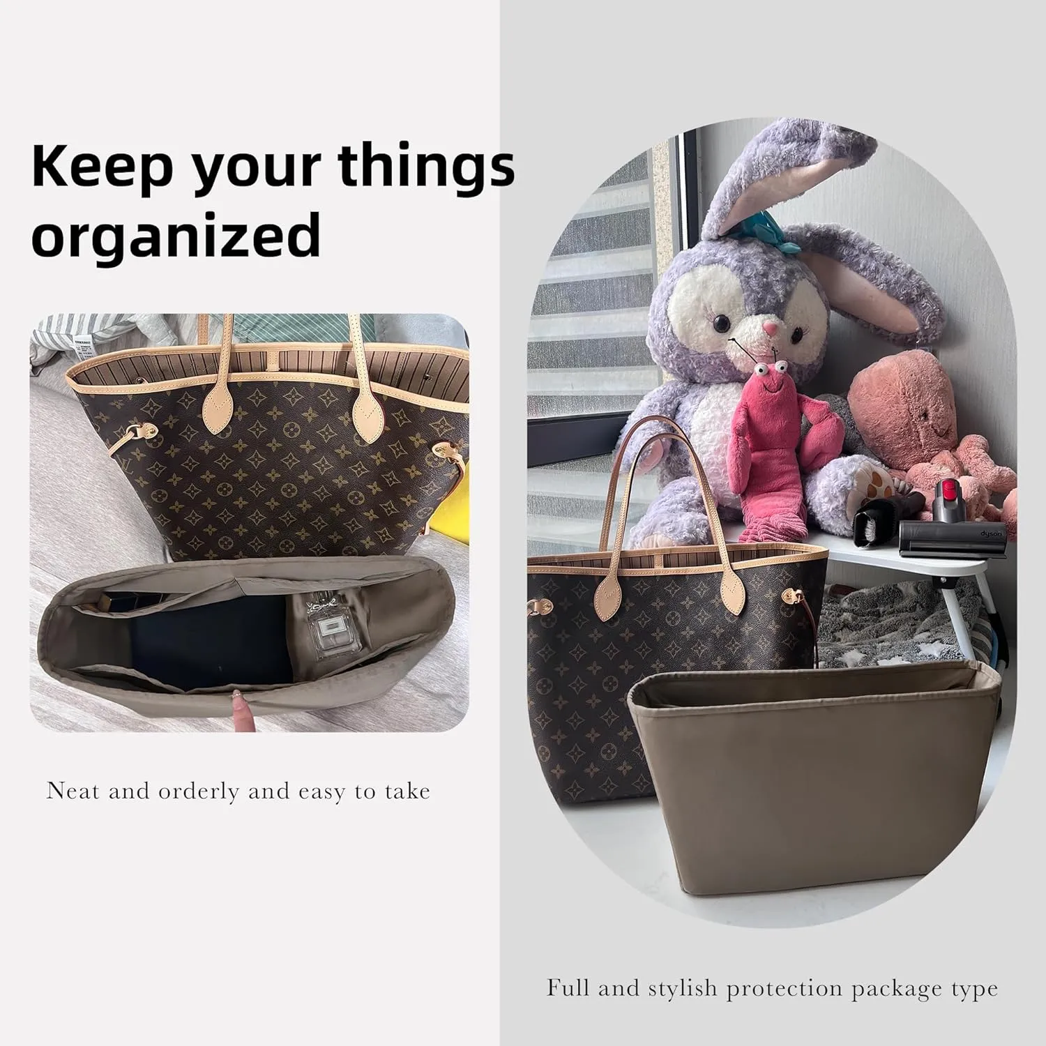 DGAZ Purse Organizer Insert Fits Neverfull-Mini/PM/MM/GM Bags，Silk Bag Organizer，Luxury Handbag & Tote Shaper（PM, Etoupe grey）