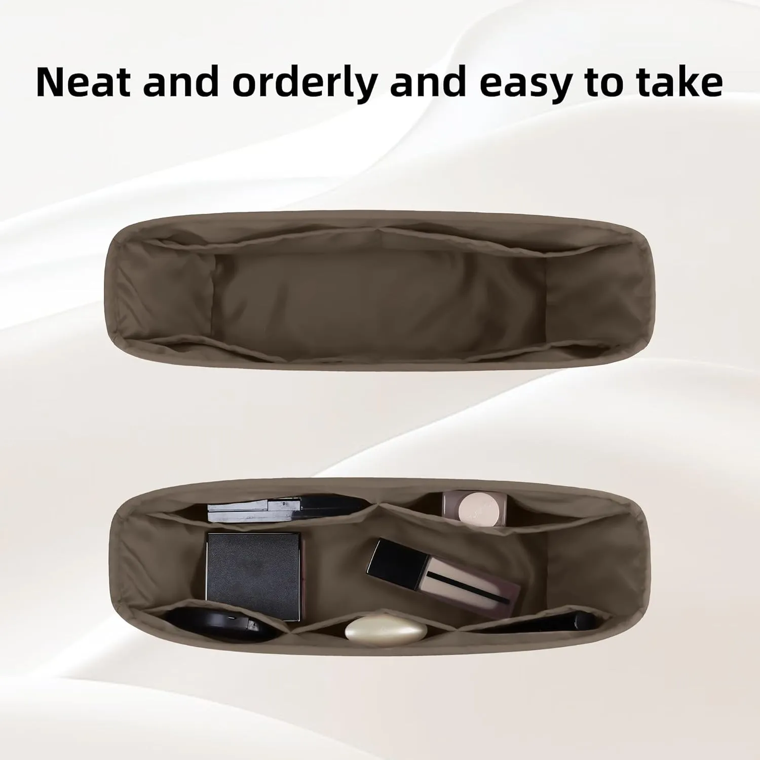 DGAZ Purse Organizer Insert Fits Neverfull-Mini/PM/MM/GM Bags，Silk Bag Organizer，Luxury Handbag & Tote Shaper（PM, Etoupe grey）