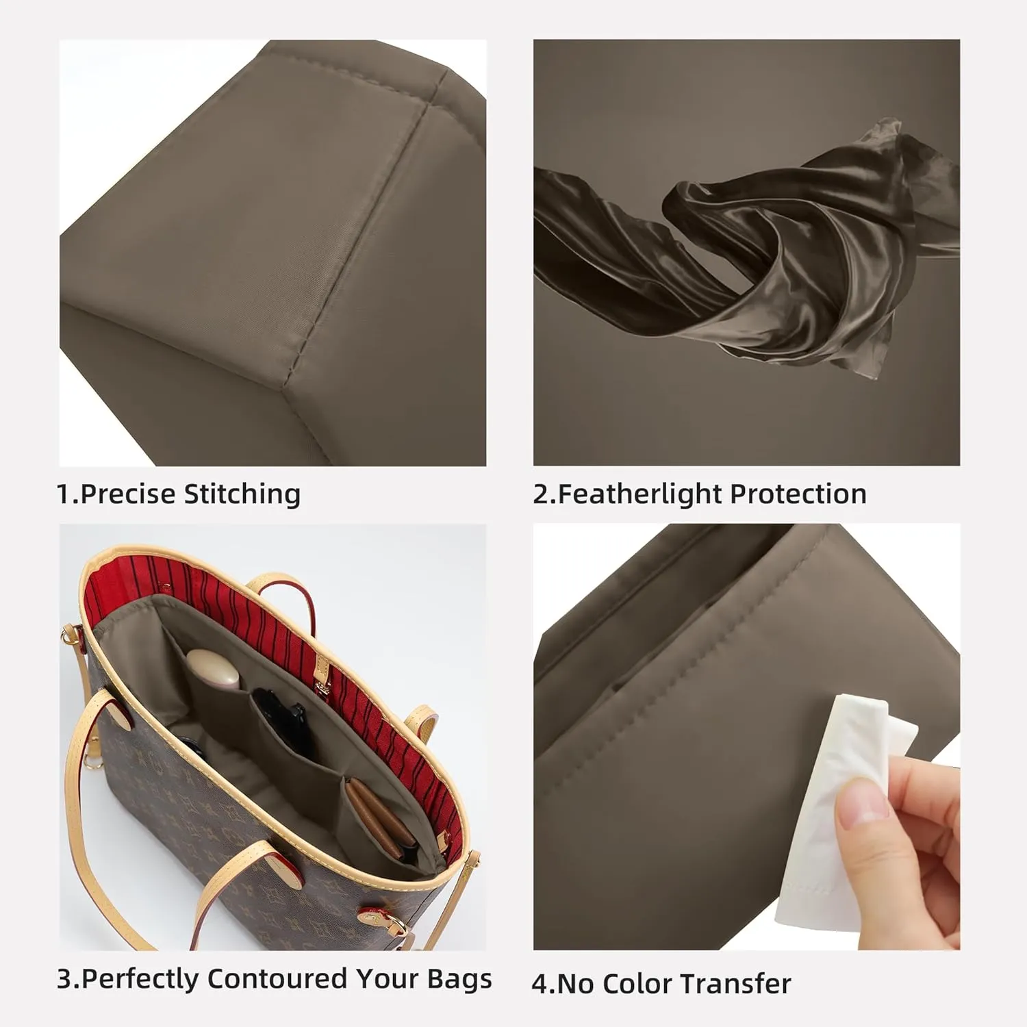 DGAZ Purse Organizer Insert Fits Neverfull-Mini/PM/MM/GM Bags，Silk Bag Organizer，Luxury Handbag & Tote Shaper（PM, Etoupe grey）