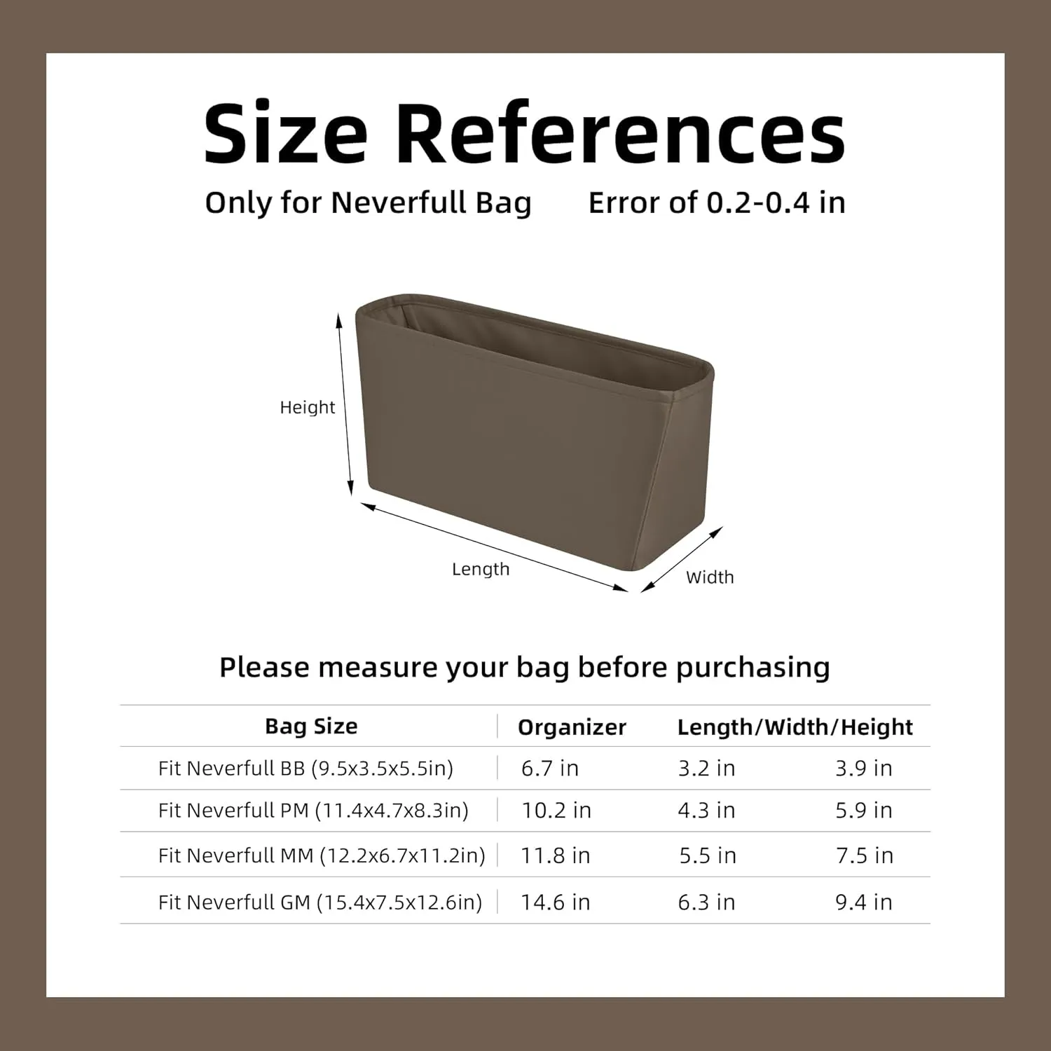 DGAZ Purse Organizer Insert Fits Neverfull-Mini/PM/MM/GM Bags，Silk Bag Organizer，Luxury Handbag & Tote Shaper（PM, Etoupe grey）