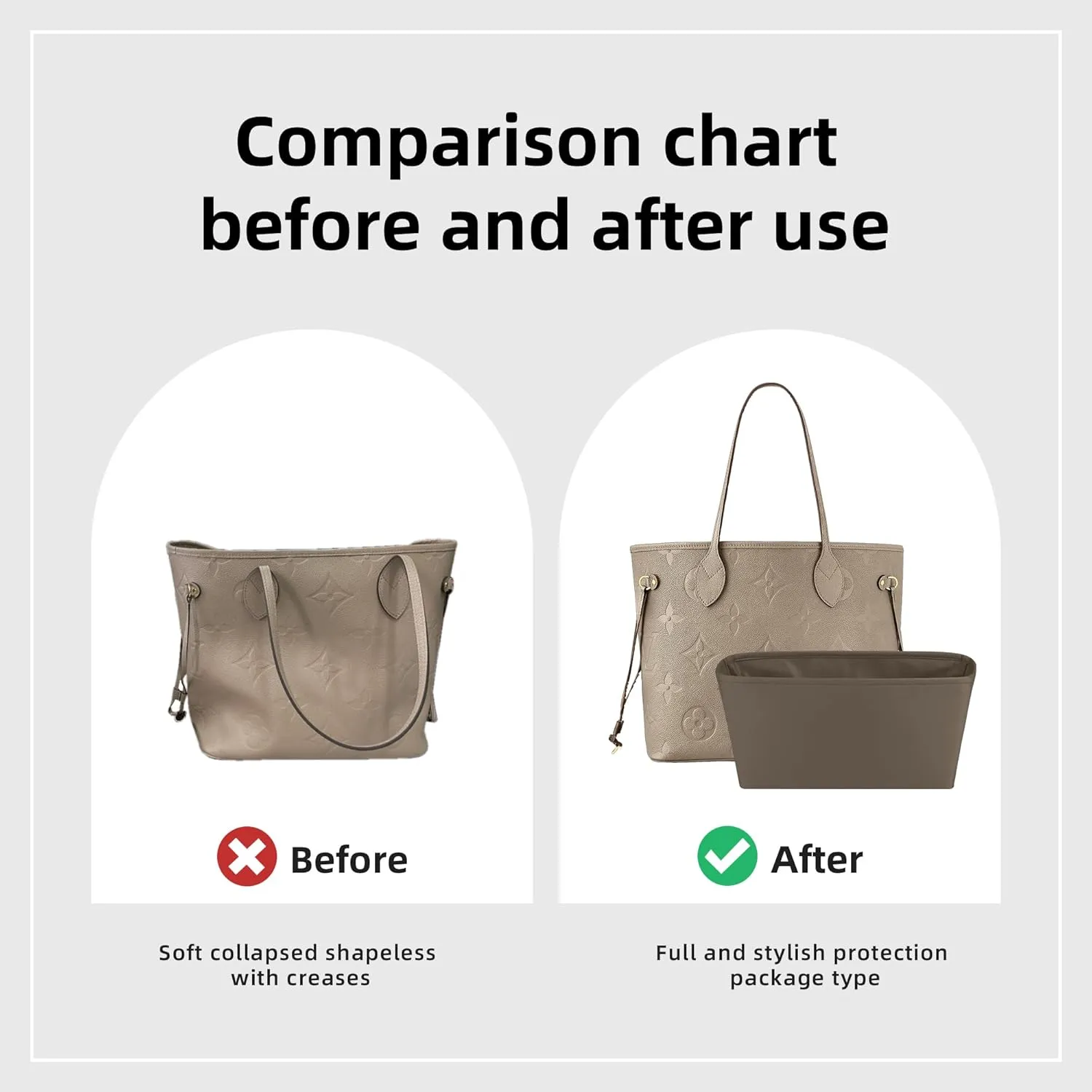 DGAZ Purse Organizer Insert Fits Neverfull-Mini/PM/MM/GM Bags，Silk Bag Organizer，Luxury Handbag & Tote Shaper（PM, Etoupe grey）