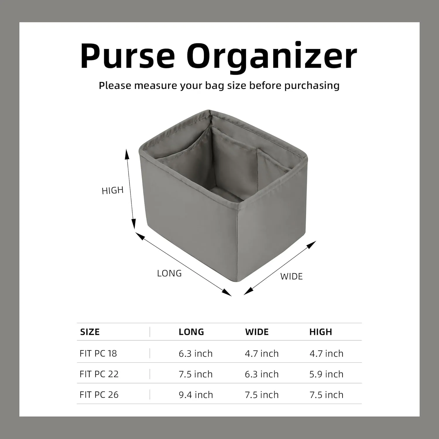 DGAZ Purse Organizer Silky Smooth For Picotin 18/22/26 Bags,Silk,Luxury Handbag Tote in Bag Shapers, Women(Grismeyer,PC18)