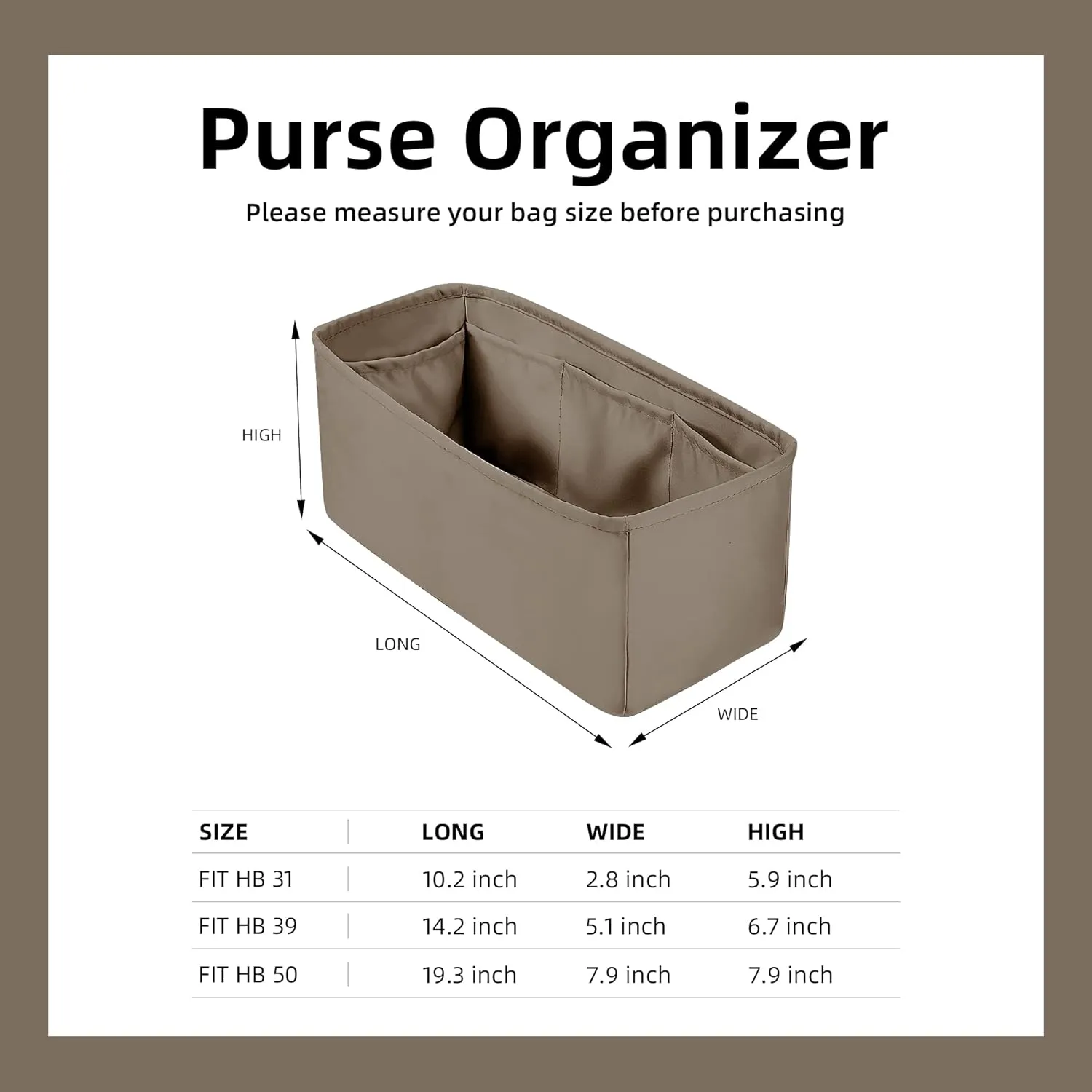 DGAZ Silk Purse Organizer Insert Fits Hermes Herbag 31/39/50 Bags, Luxury Handbag & Tote Organiser, Simplicity bag insert（Etoupe grey,H31）