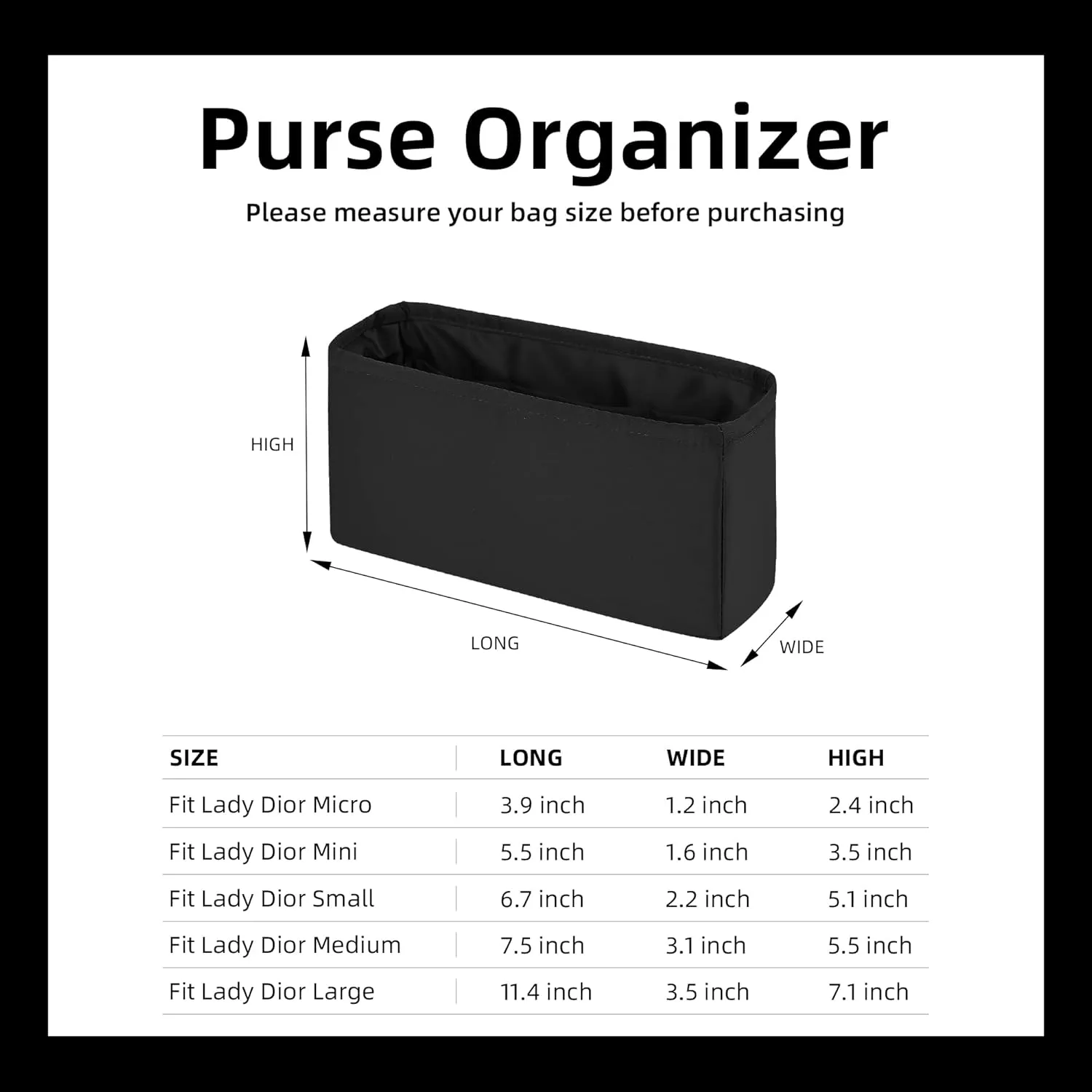 DGAZ Silk Purse Organizer Insert For Lady-Dior Micro/Mini/S/M/L bags，Silky Smooth Bag Organizer，Luxury Handbag & Tote Shaper（Black，L）
