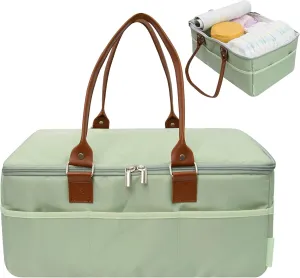 Diaper Caddy Organizer, Baby Essentials Basket With Lid, Polyester Waterproof Car Caddy, Portable and Foldable with Handle/8 Side Pockets (Green)