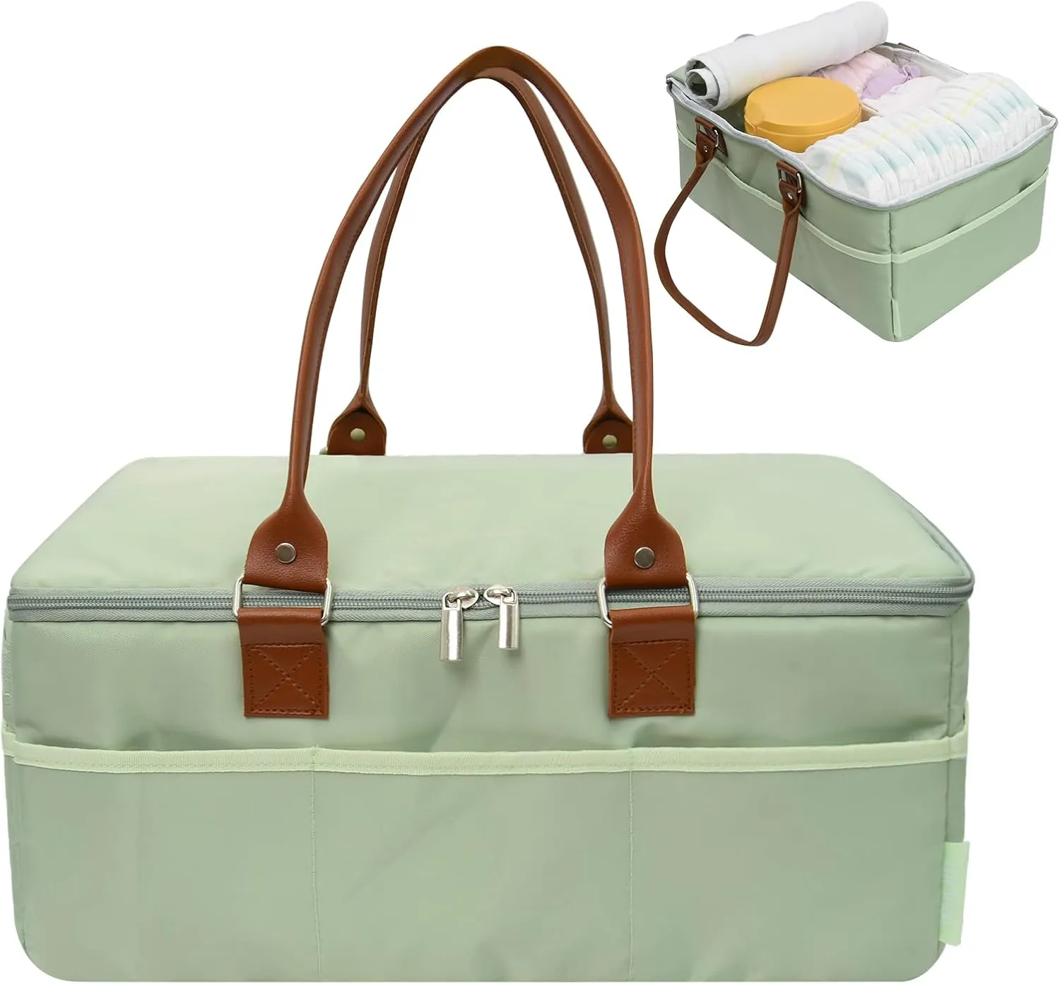 Diaper Caddy Organizer, Baby Essentials Basket With Lid, Polyester Waterproof Car Caddy, Portable and Foldable with Handle/8 Side Pockets (Green)
