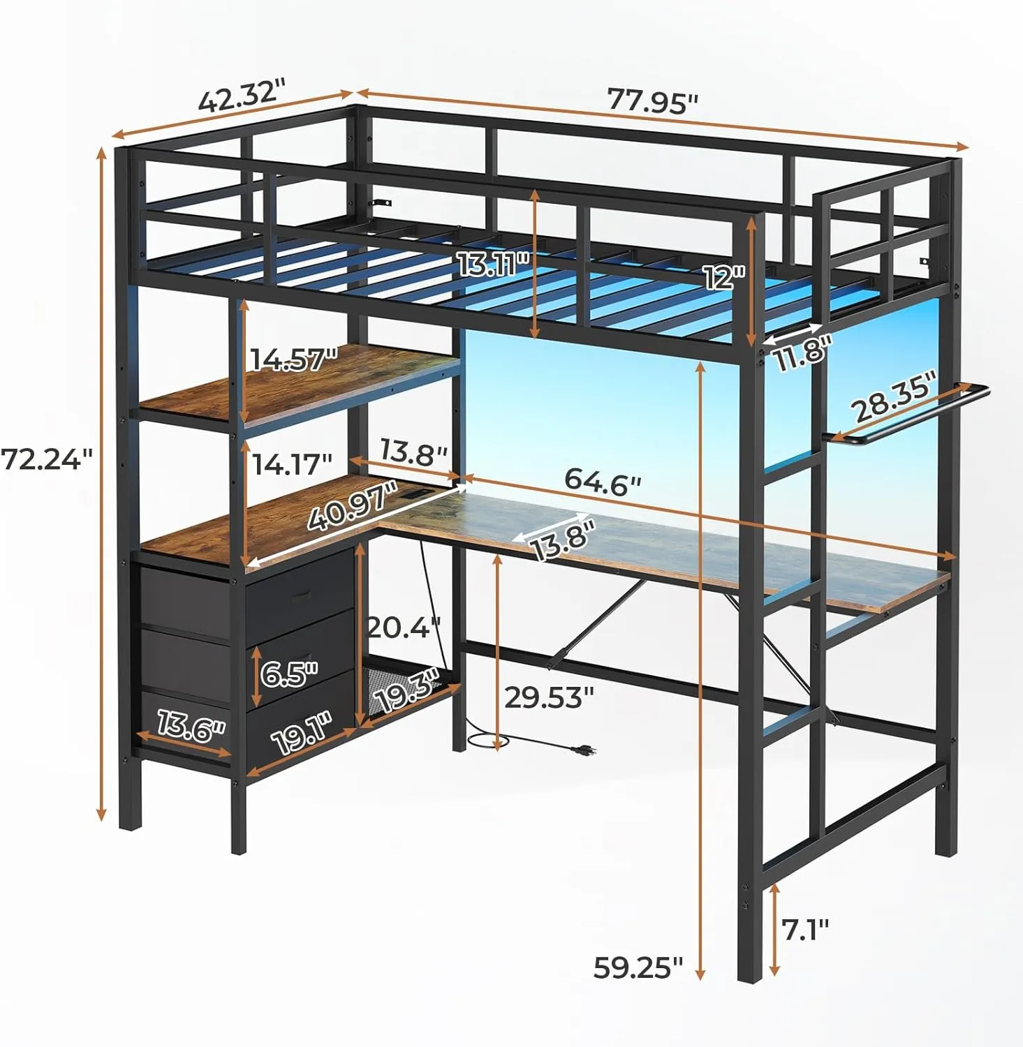 DICTAC Twin Metal Loft Bed with L-Shaped Desk, LED Lights,Charging Station LED Loft Bed Frame Twin Size with 3 Storage Shelves and 3 Fabric Drawers, Safety Guard & Ladder, No Box Spring Needed, Black