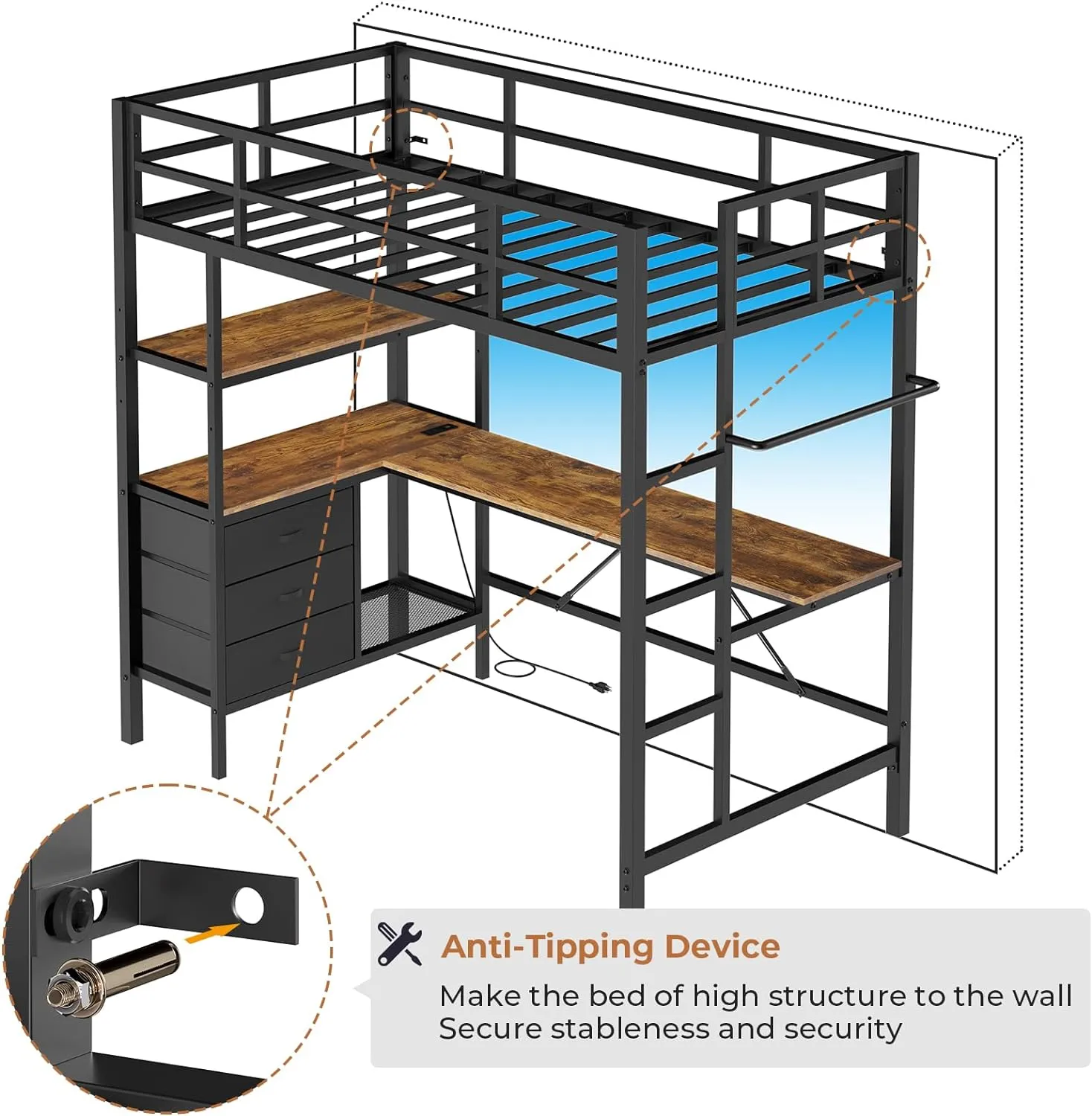 DICTAC Twin Metal Loft Bed with L-Shaped Desk, LED Lights,Charging Station LED Loft Bed Frame Twin Size with 3 Storage Shelves and 3 Fabric Drawers, Safety Guard & Ladder, No Box Spring Needed, Black