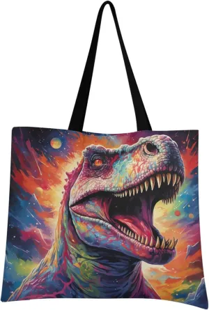 Dinosaur Dino Roar Color Galaxy Tote Bag for Women Girl Canvas Shoulder Handbags Reusable Grocery Bags Large Purse with Inner Pocket 214a5382