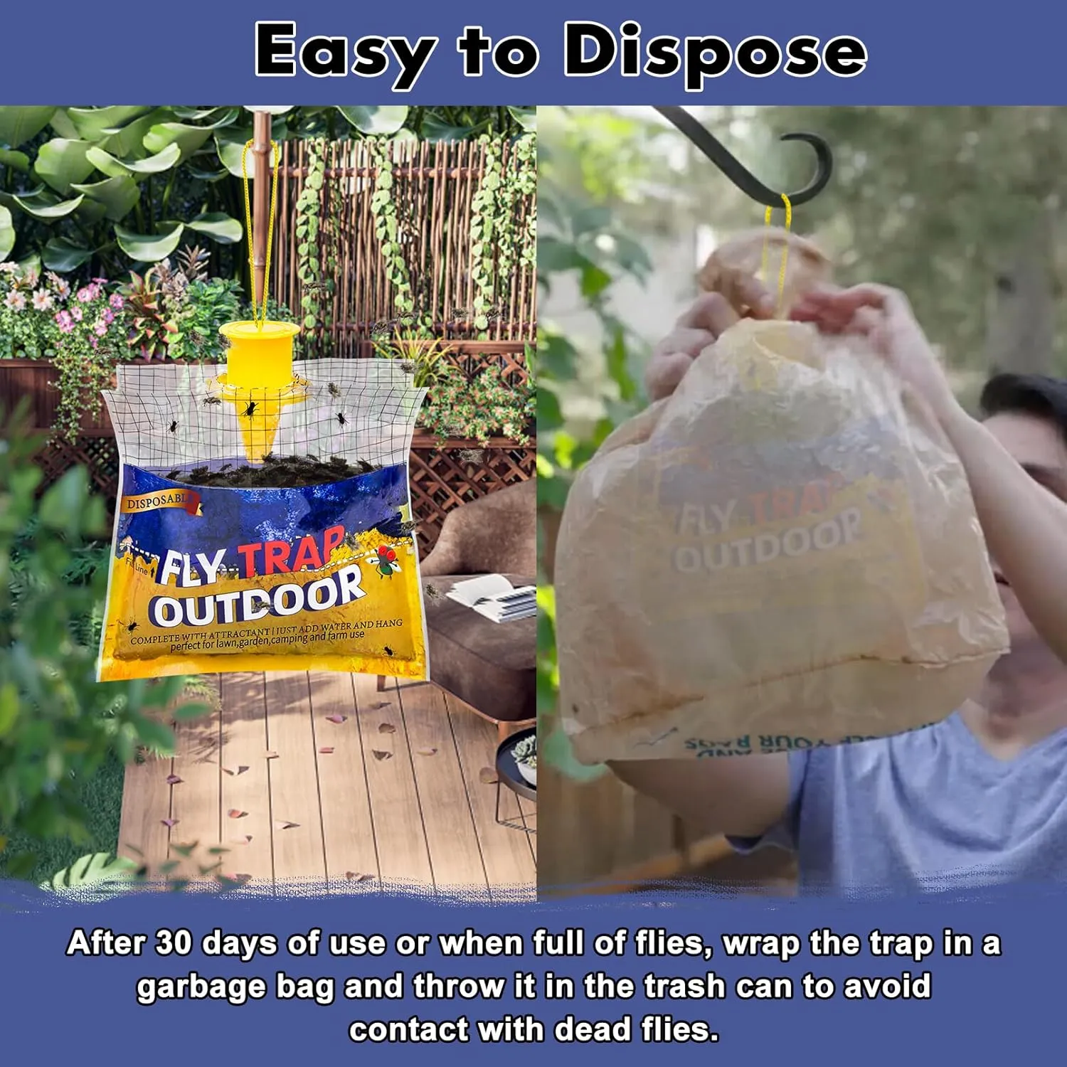 Disposable Fly Traps 8 Pack Bags Outdoor, Flies Catcher Traps with Natural Pre-Bait Refill Repellent, Reusable Stable Horse Ranch Trapper Outdoor Hanging Killer Helps Control