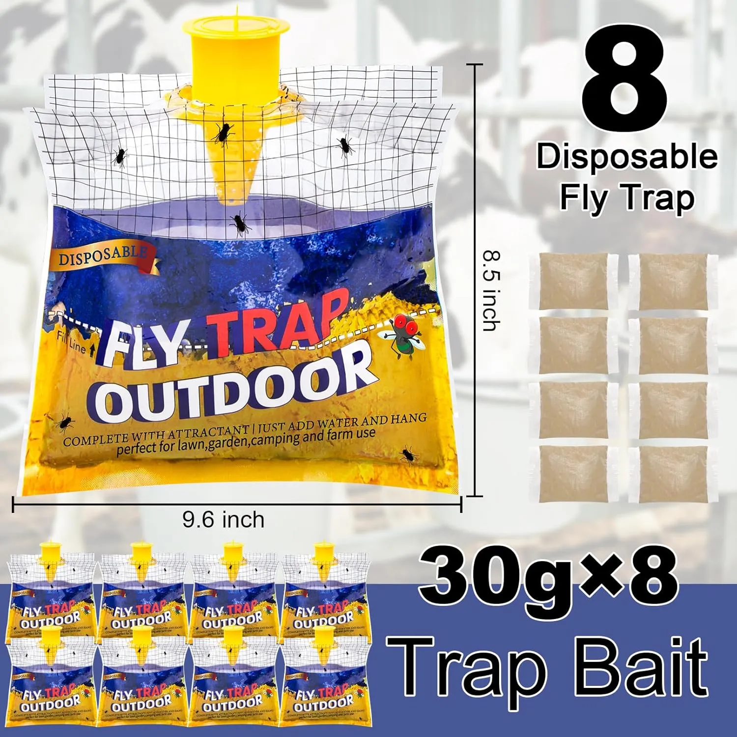 Disposable Fly Traps 8 Pack Bags Outdoor, Flies Catcher Traps with Natural Pre-Bait Refill Repellent, Reusable Stable Horse Ranch Trapper Outdoor Hanging Killer Helps Control