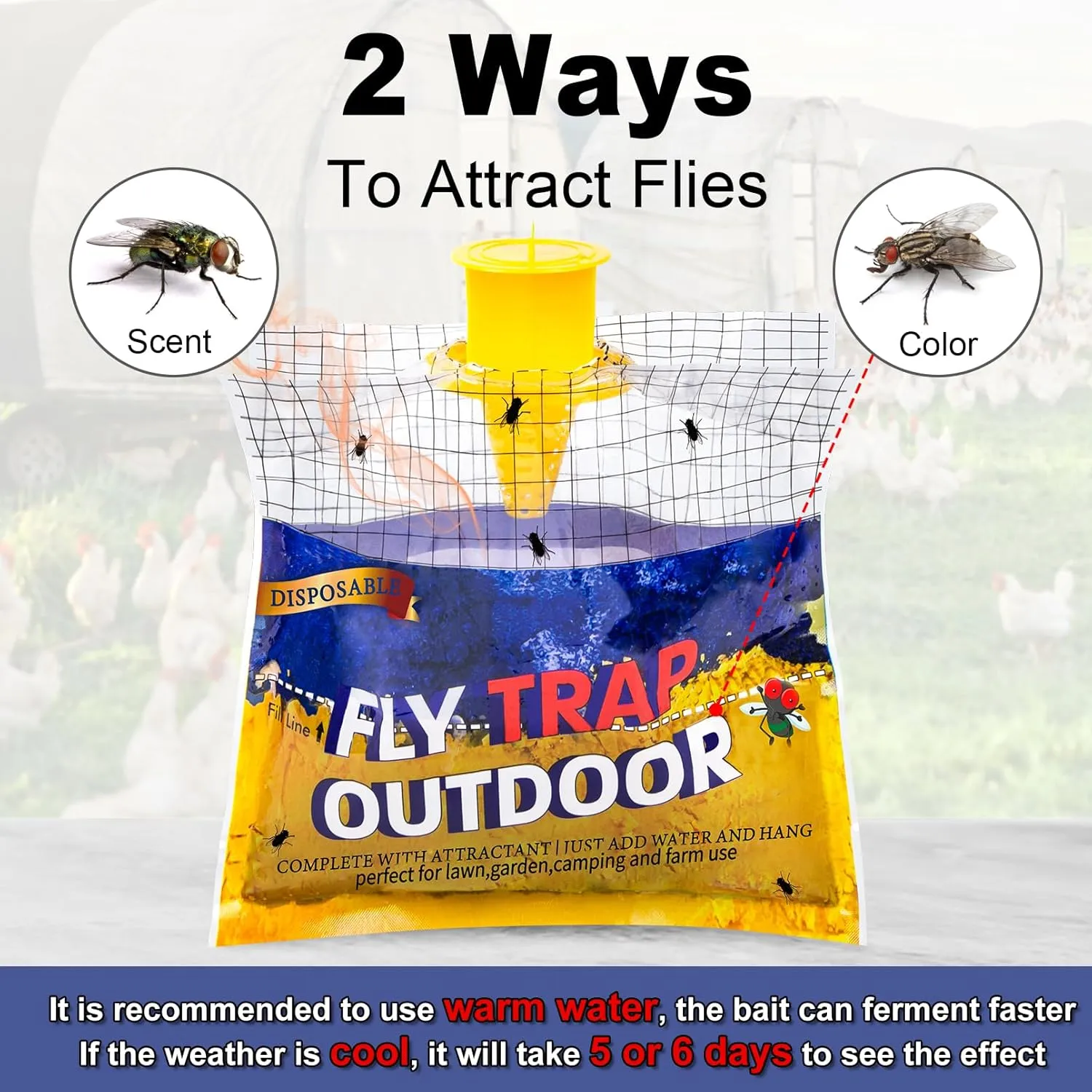 Disposable Fly Traps 8 Pack Bags Outdoor, Flies Catcher Traps with Natural Pre-Bait Refill Repellent, Reusable Stable Horse Ranch Trapper Outdoor Hanging Killer Helps Control