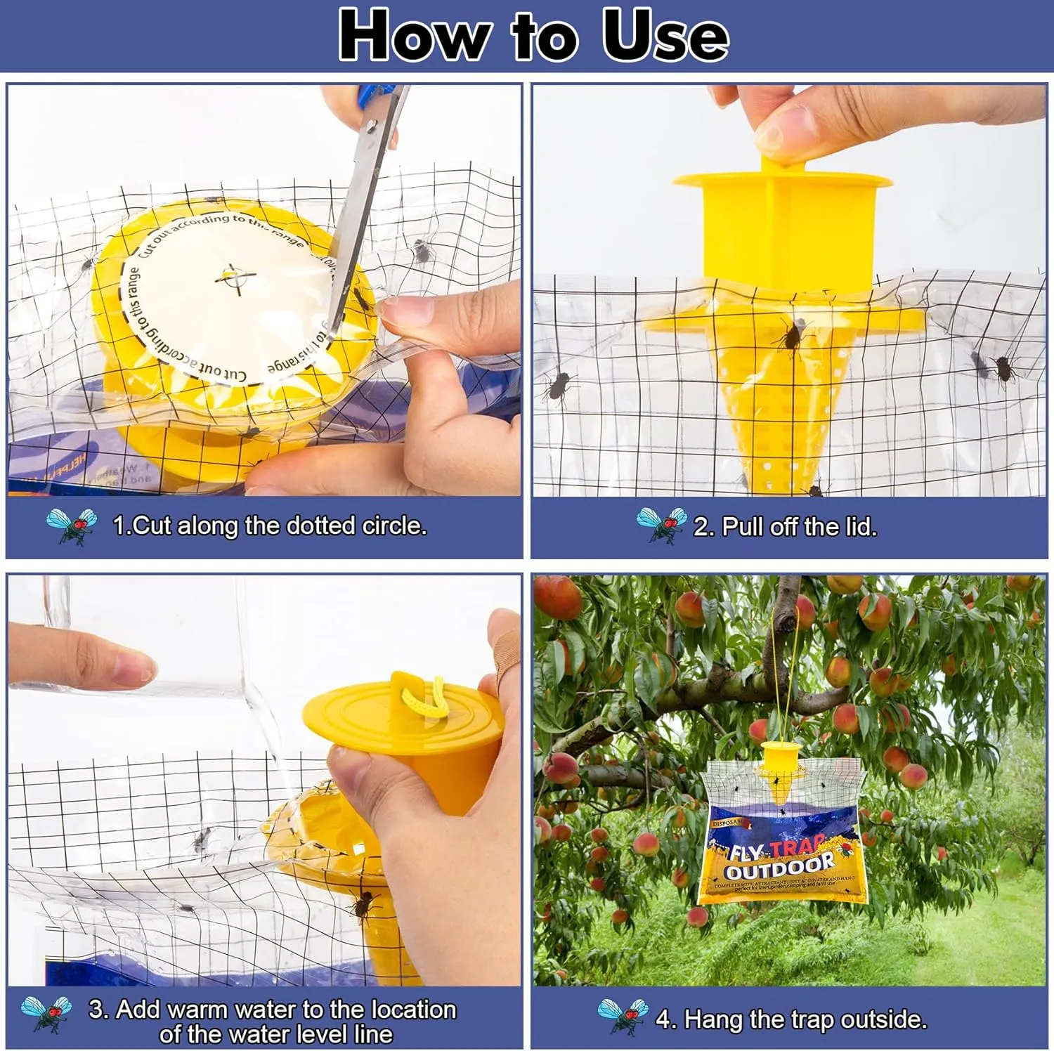 Disposable Fly Traps 8 Pack Bags Outdoor, Flies Catcher Traps with Natural Pre-Bait Refill Repellent, Reusable Stable Horse Ranch Trapper Outdoor Hanging Killer Helps Control