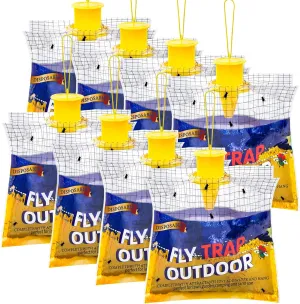 Disposable Fly Traps 8 Pack Bags Outdoor, Flies Catcher Traps with Natural Pre-Bait Refill Repellent, Reusable Stable Horse Ranch Trapper Outdoor Hanging Killer Helps Control