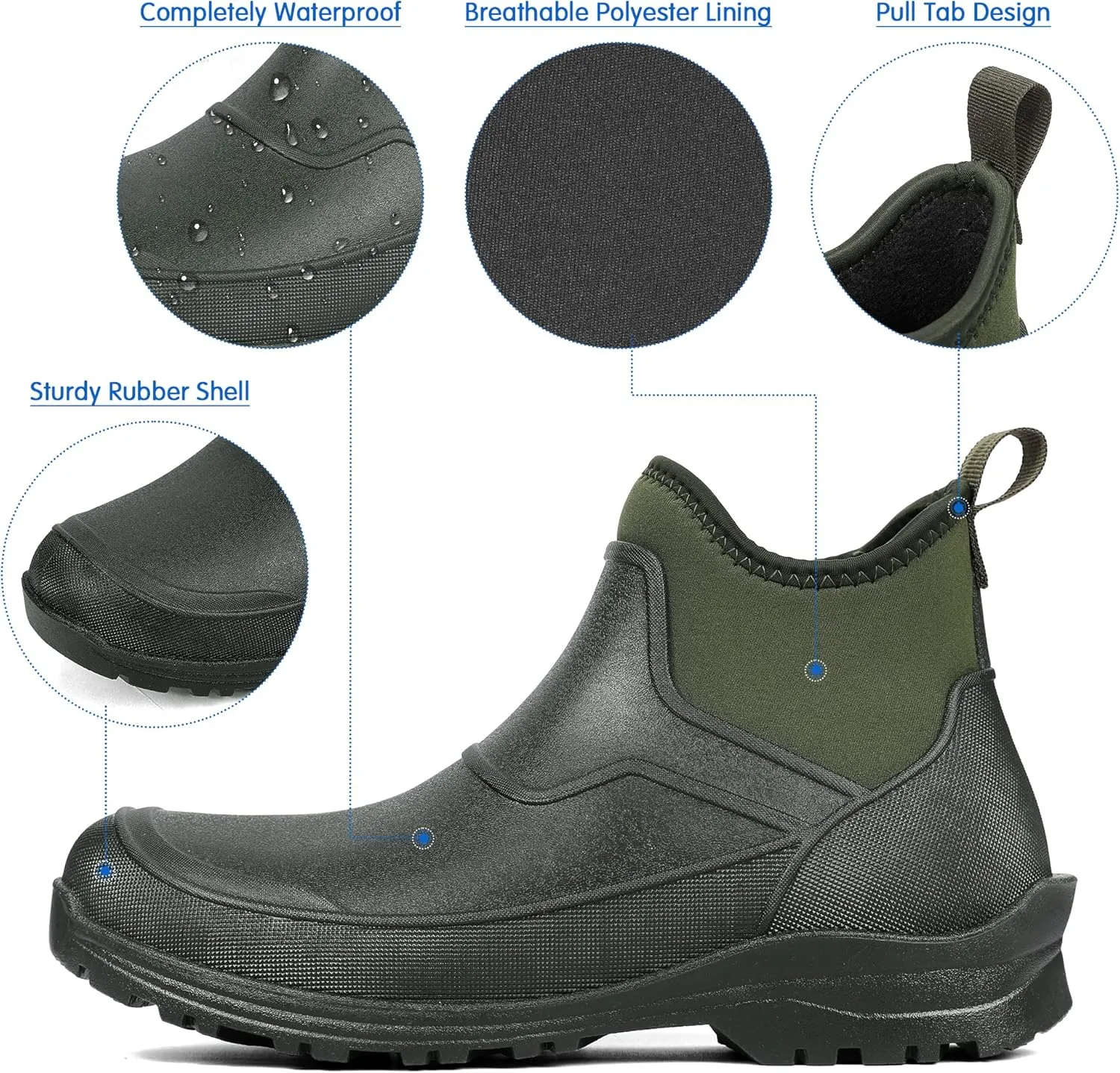 DKSUKO Men's Waterproof Neoprene Ankle Muck Boots,Durable Insulated Rubber Slip On Water Deck Boots,Outdoor Rain Footwear,Anti-Slip Mud Shoes