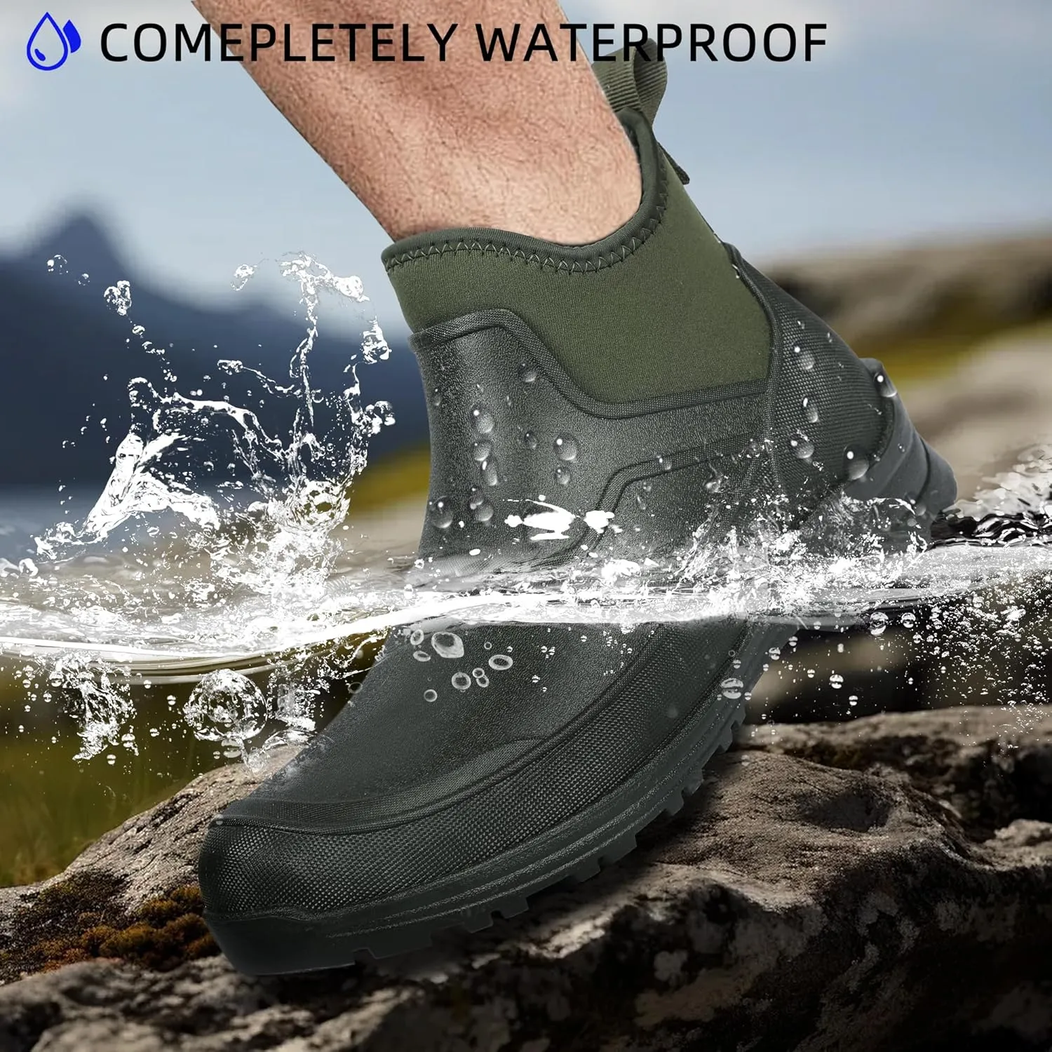 DKSUKO Men's Waterproof Neoprene Ankle Muck Boots,Durable Insulated Rubber Slip On Water Deck Boots,Outdoor Rain Footwear,Anti-Slip Mud Shoes