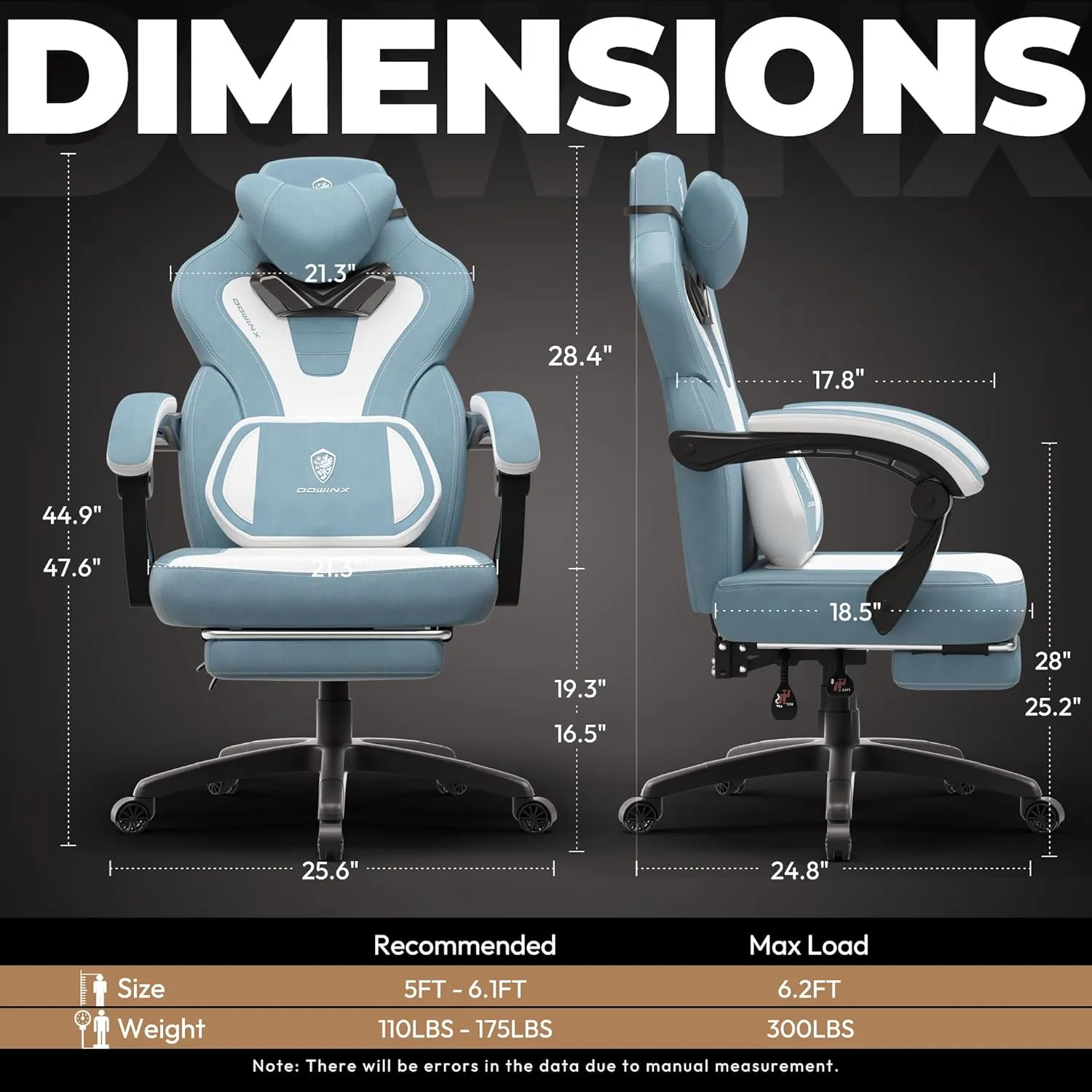 Dowinx Fabric Gaming Chair with Footrest,Big and Tall Game Chair for Heavy People, Gamer Chair with Massage Lumbar Support,Ergonomic Computer Gaming Chair for 200lbs (Fabric,Blue)
