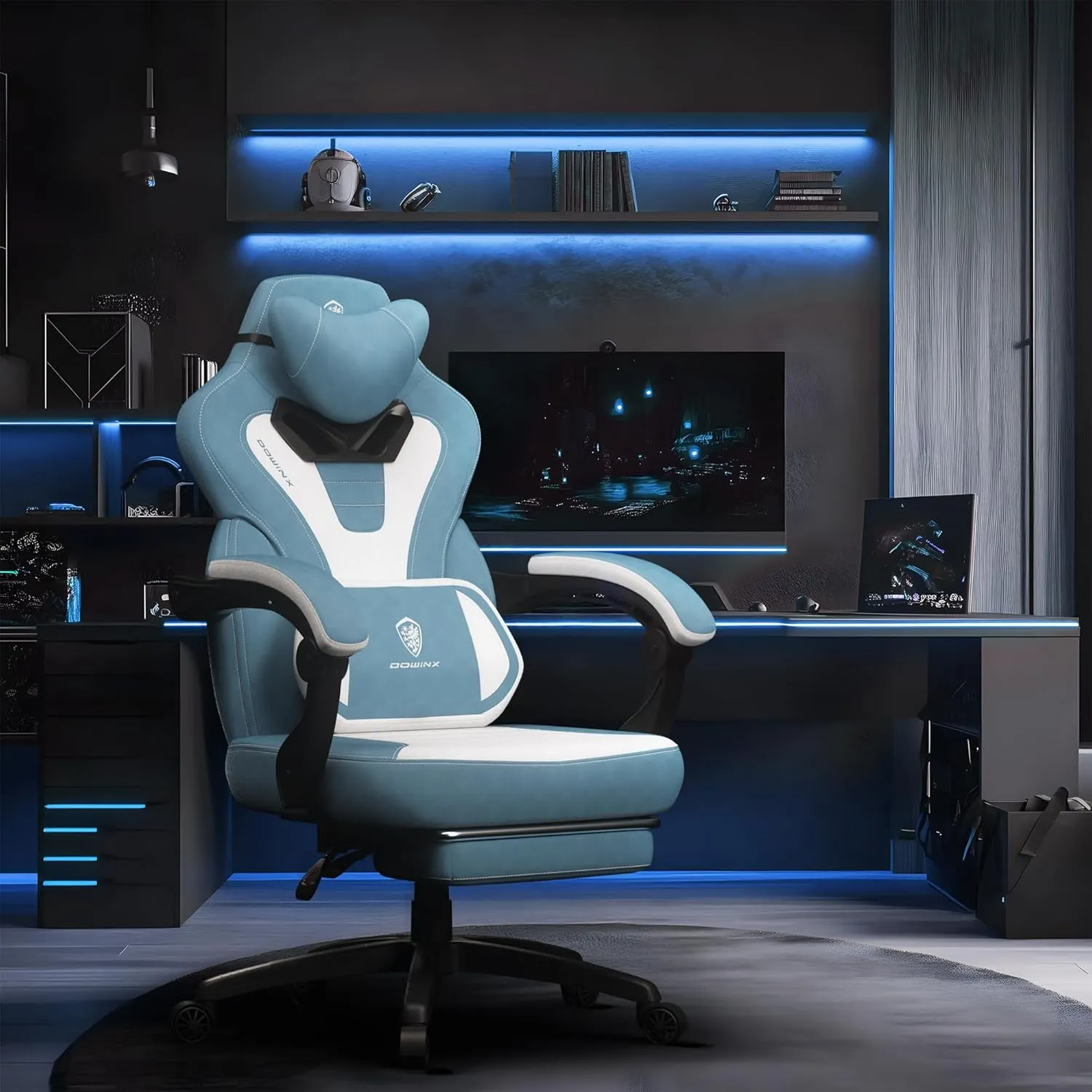 Dowinx Fabric Gaming Chair with Footrest,Big and Tall Game Chair for Heavy People, Gamer Chair with Massage Lumbar Support,Ergonomic Computer Gaming Chair for 200lbs (Fabric,Blue)