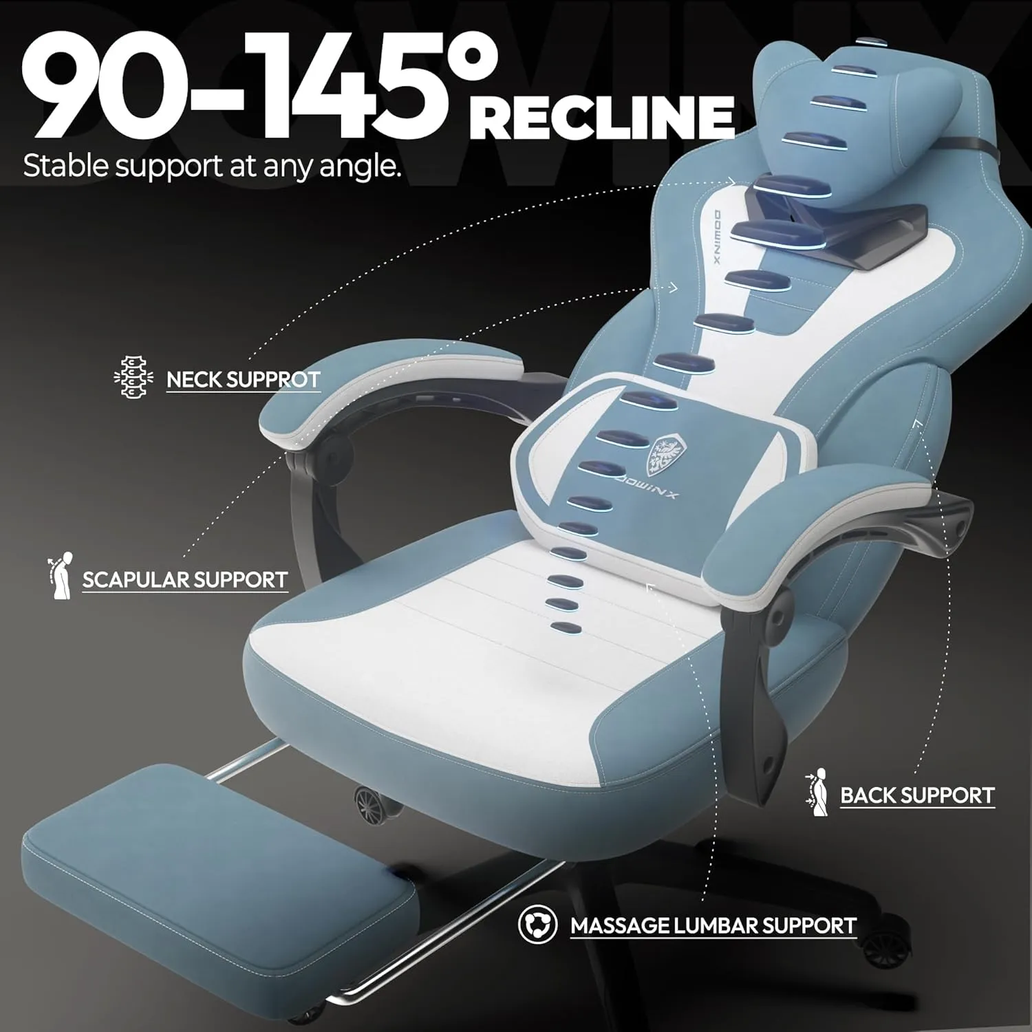 Dowinx Fabric Gaming Chair with Footrest,Big and Tall Game Chair for Heavy People, Gamer Chair with Massage Lumbar Support,Ergonomic Computer Gaming Chair for 200lbs (Fabric,Blue)