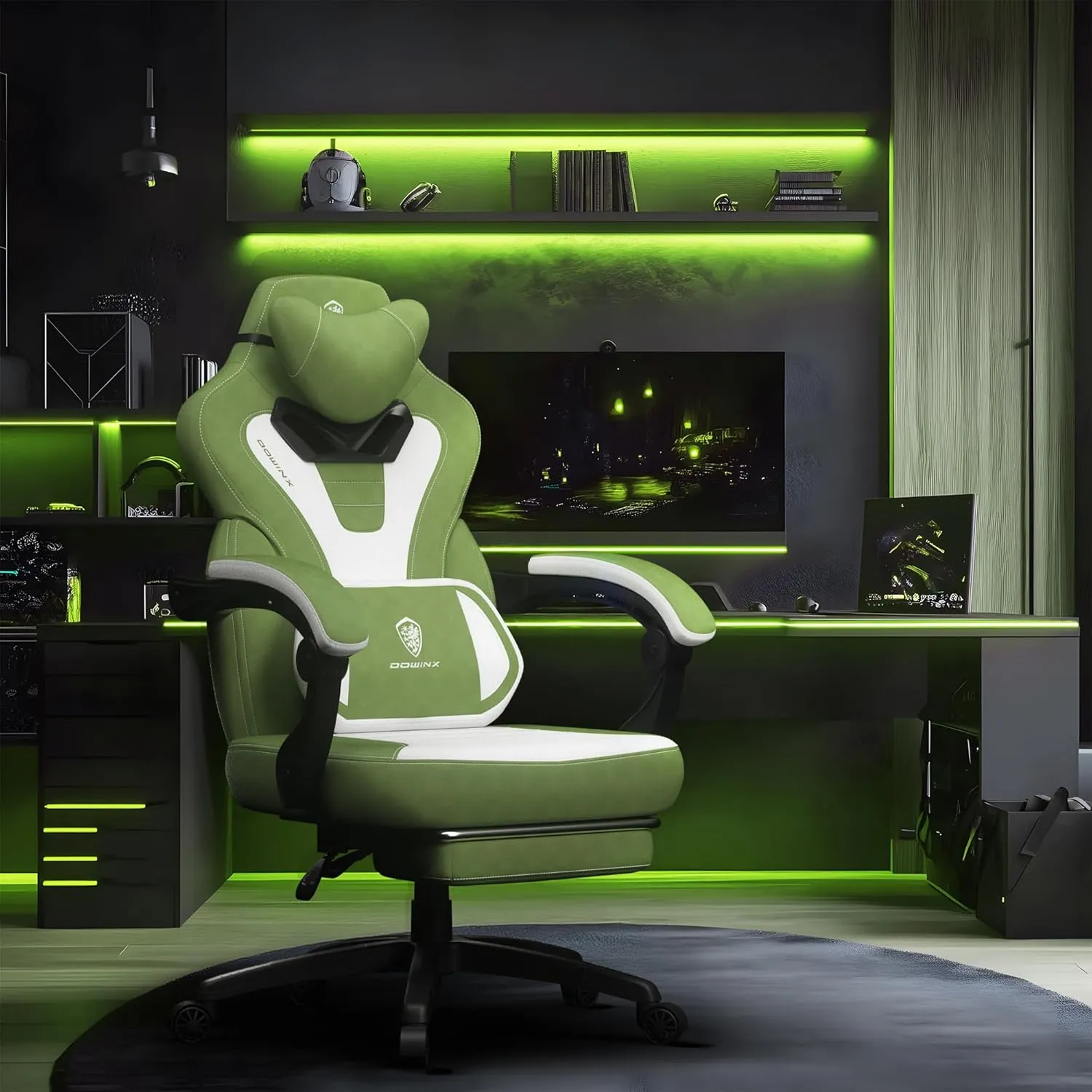 Dowinx Fabric Gaming Chair with Footrest,Big and Tall Game Chair for Heavy People, Gamer Chair with Massage Lumbar Support,Ergonomic Computer Gaming Chair for 200lbs (Fabric,Green)