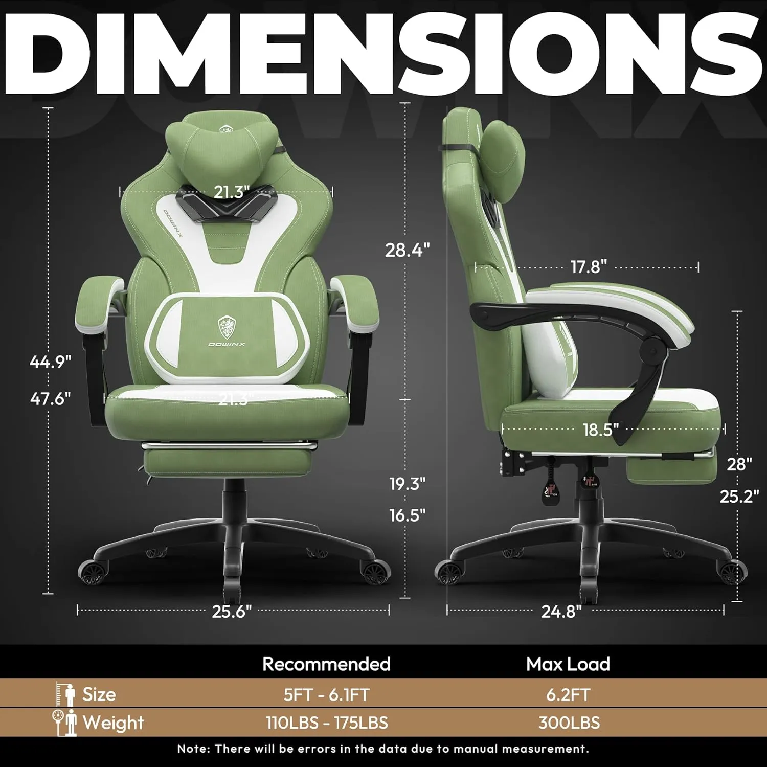 Dowinx Fabric Gaming Chair with Footrest,Big and Tall Game Chair for Heavy People, Gamer Chair with Massage Lumbar Support,Ergonomic Computer Gaming Chair for 200lbs (Fabric,Green)