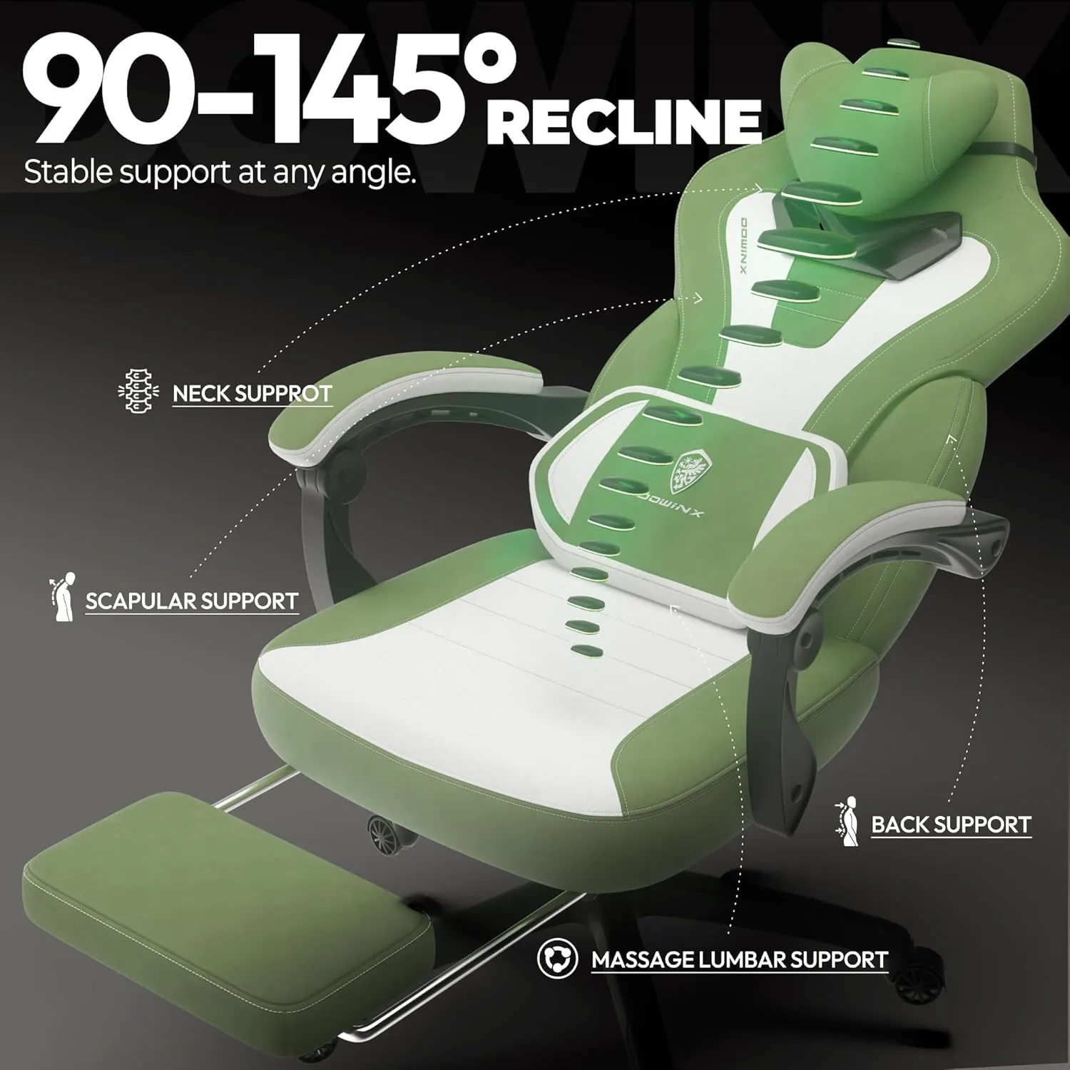 Dowinx Fabric Gaming Chair with Footrest,Big and Tall Game Chair for Heavy People, Gamer Chair with Massage Lumbar Support,Ergonomic Computer Gaming Chair for 200lbs (Fabric,Green)