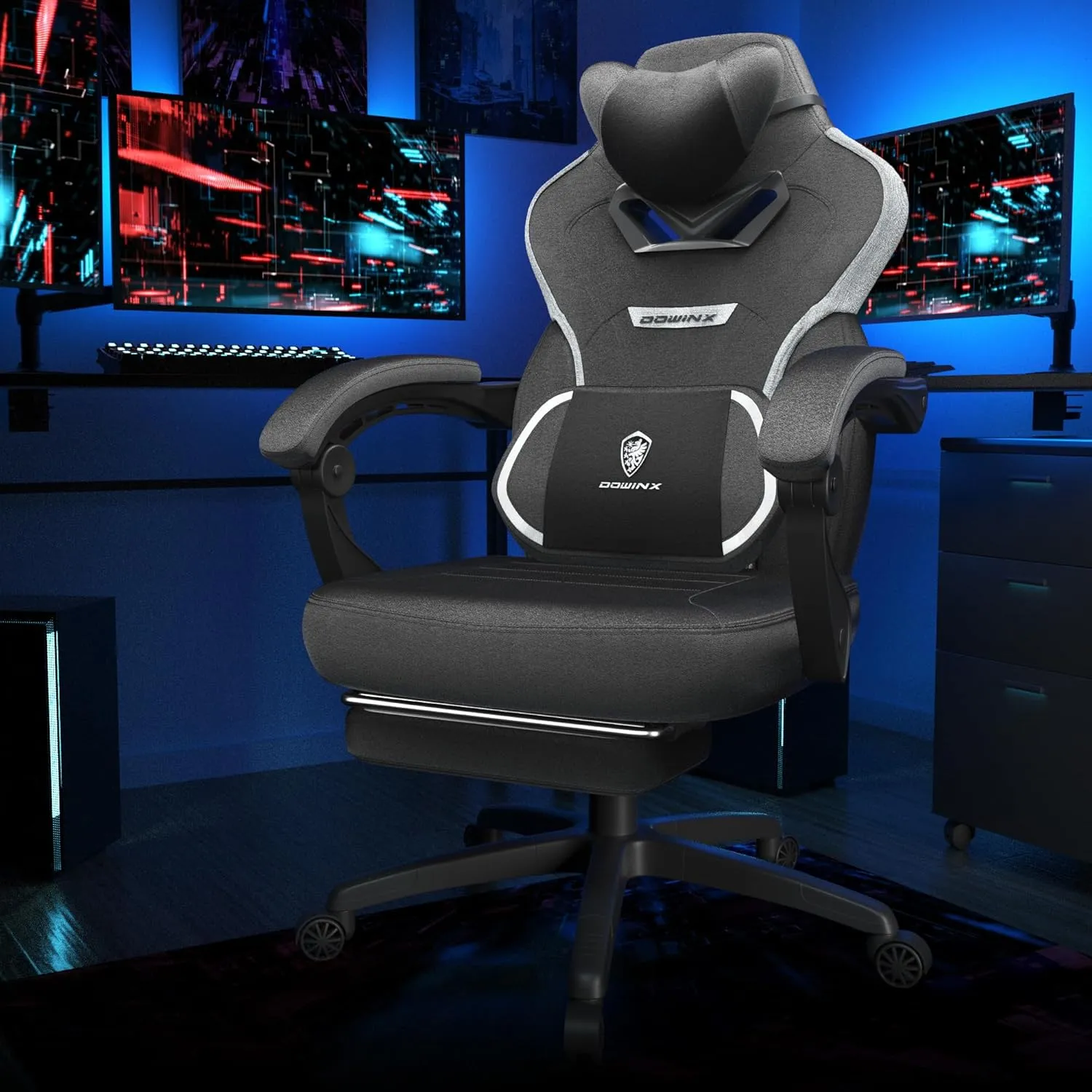 Dowinx Gaming Chair with Footrest, Fabric Gamer Chair for Heavy People, Chaise Gaming for Adult with Massage for 200lbs (Fabric,Black)
