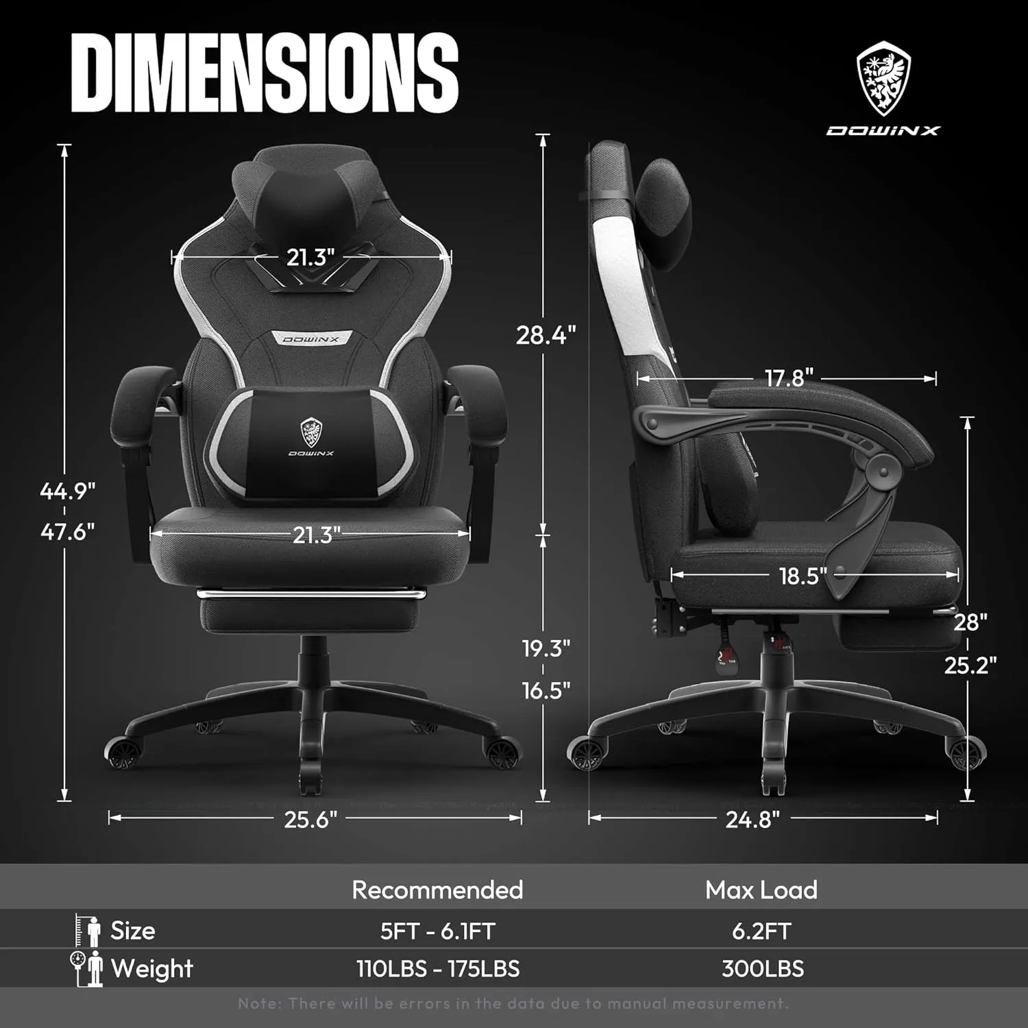 Dowinx Gaming Chair with Footrest, Fabric Gamer Chair for Heavy People, Chaise Gaming for Adult with Massage for 200lbs (Fabric,Black)
