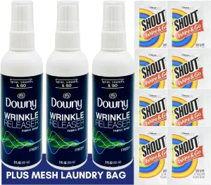 Downy Wrinkle Releaser Spray Travel Size 3 oz (Pack of 3), 8 Shout Wipes Individually Wrapped with Laundry Bag by Foxtail Collective, Ultimate Downy Wrinkle Release Spray & Shout Stain Remover Kit