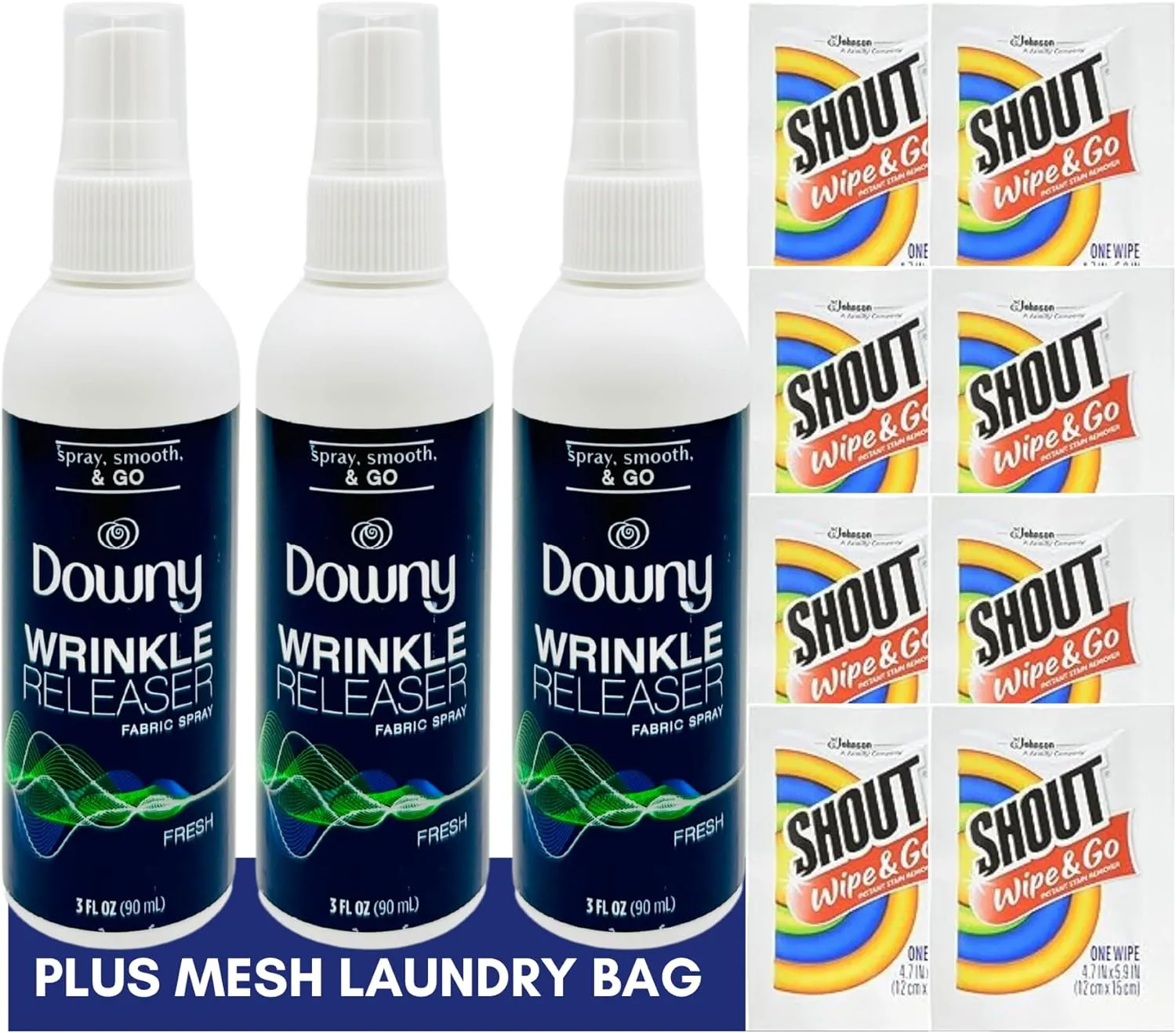 Downy Wrinkle Releaser Spray Travel Size 3 oz (Pack of 3), 8 Shout Wipes Individually Wrapped with Laundry Bag by Foxtail Collective, Ultimate Downy Wrinkle Release Spray & Shout Stain Remover Kit