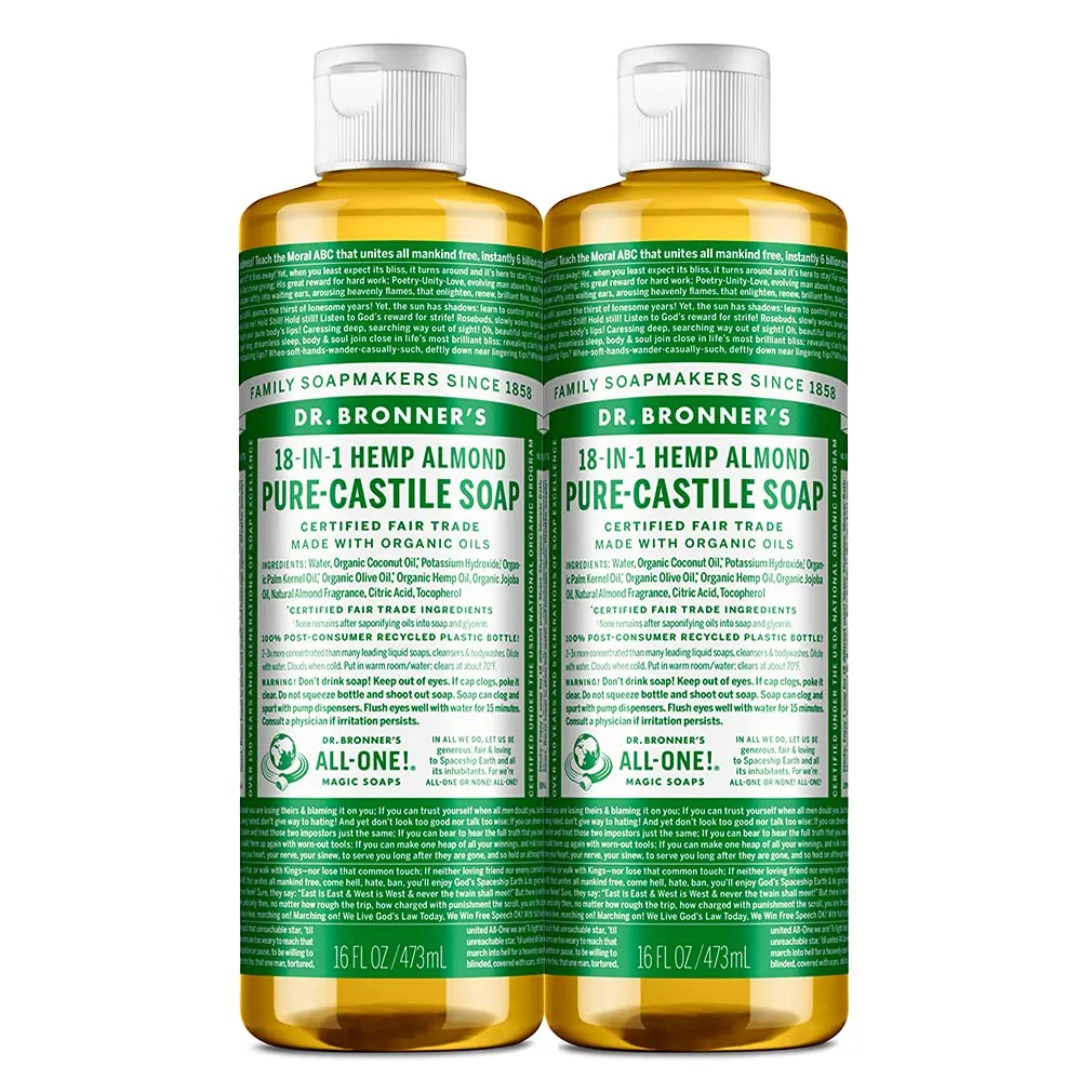Dr. Bronner's - Pure-Castile Liquid Soap (Almond, 16 ounce, 2-Pack) - Made with Organic Oils, 18-in-1 Uses: Face, Body, Hair, Laundry, Pets and Dishes, Concentrated, Vegan, Non-GMO