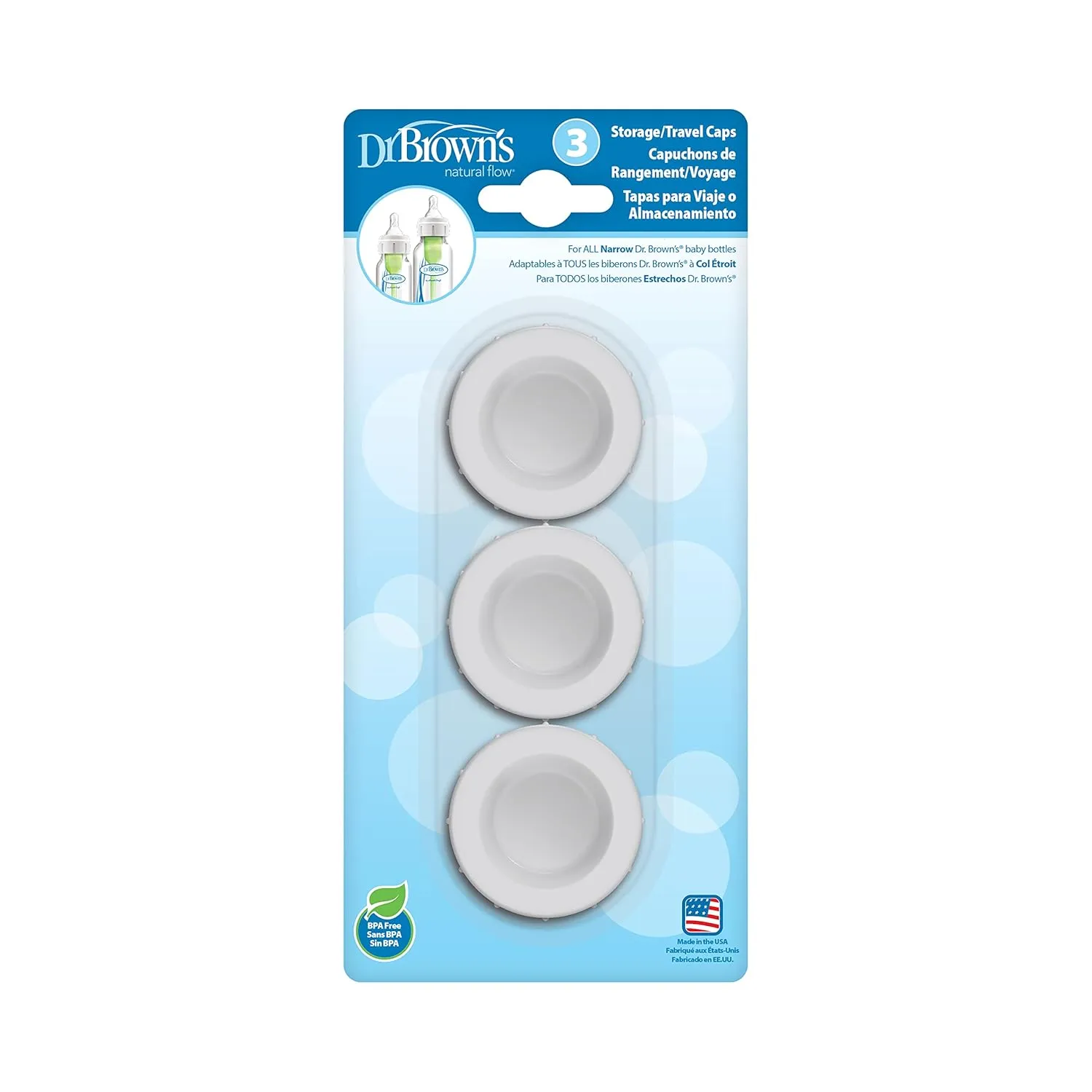 Dr. Brown's Natural Flow Anti-Colic Options  Narrow Glass Baby Bottle 8 oz/250 mL & Travel and Storage Baby Bottle Caps for Natural Flow and Options  Baby Bottles - 3-Pack - Narrow