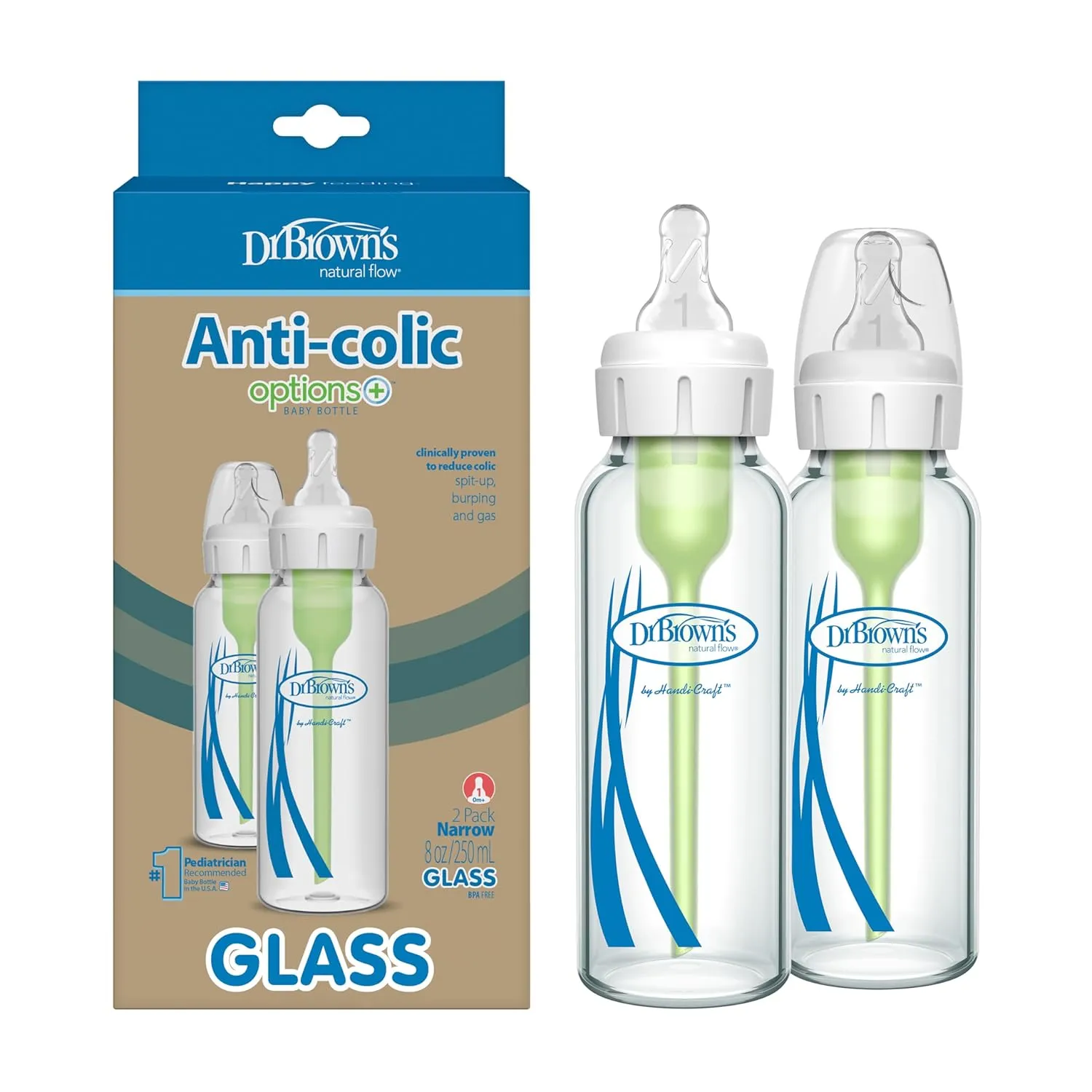 Dr. Brown's Natural Flow Anti-Colic Options  Narrow Glass Baby Bottle 8 oz/250 mL & Travel and Storage Baby Bottle Caps for Natural Flow and Options  Baby Bottles - 3-Pack - Narrow