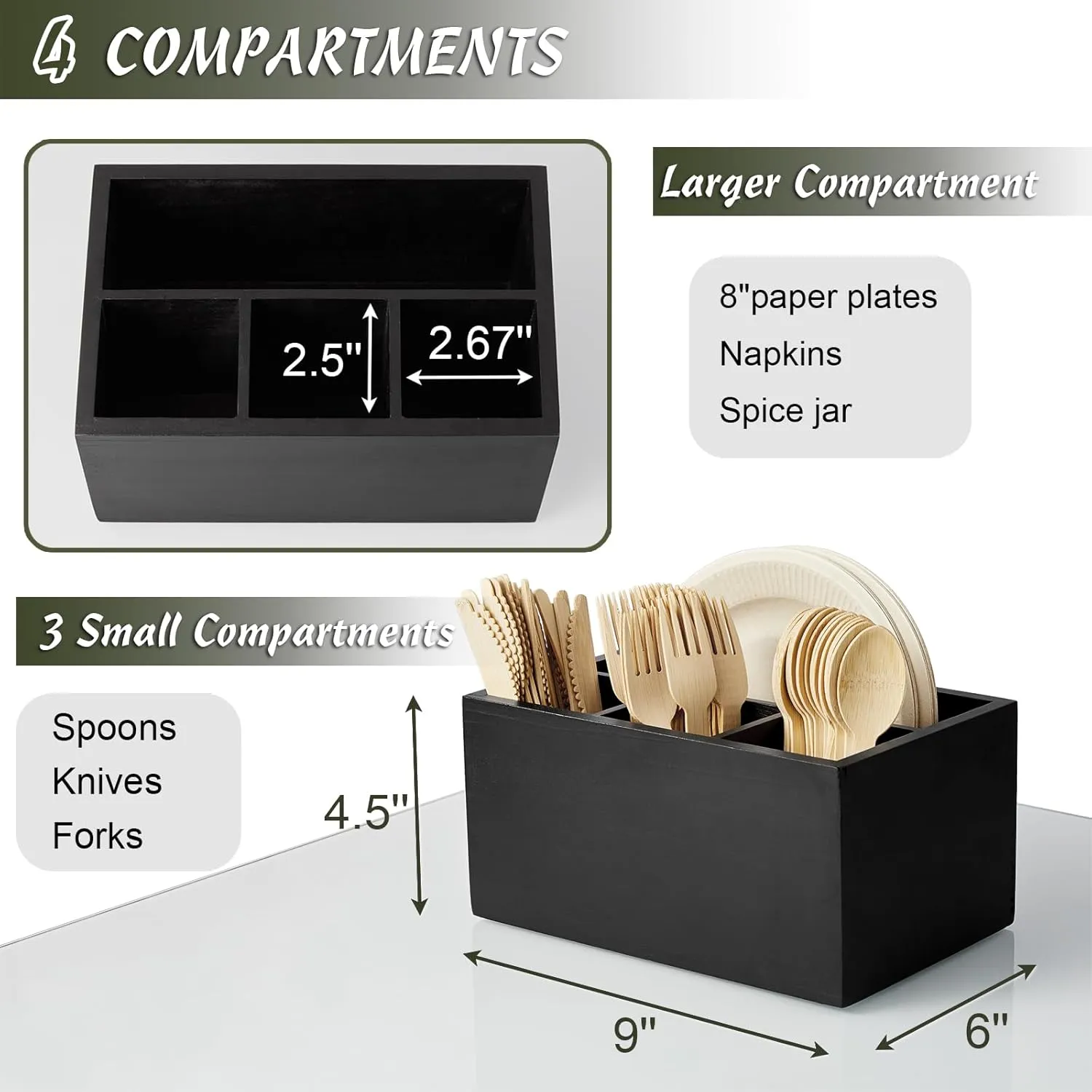 DRASTAR Silverware Caddy, Wooden Utensil Holder, Picnic Cutlery Holder, Black Silverware Holder, Plastic Silverware Caddy for Party, Countertop, Camping