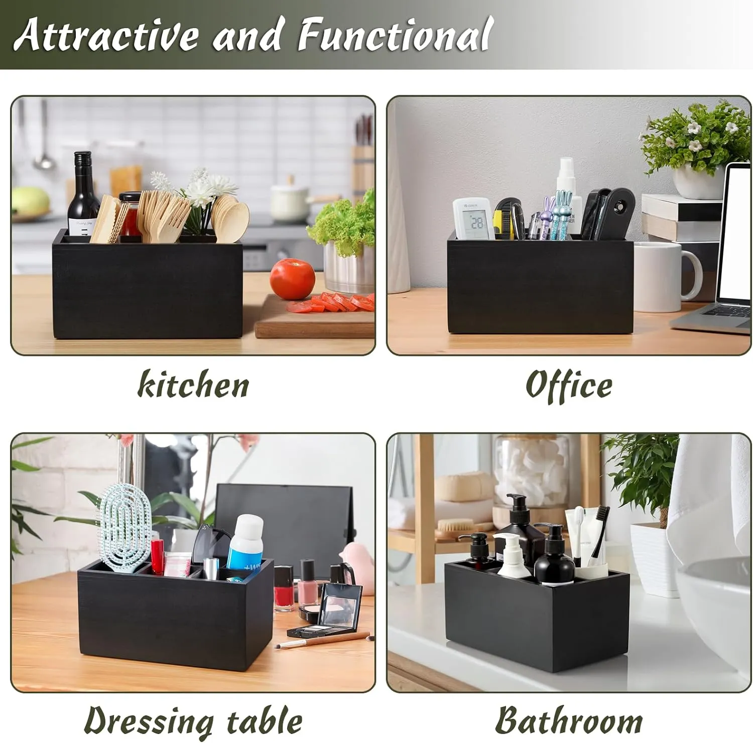 DRASTAR Silverware Caddy, Wooden Utensil Holder, Picnic Cutlery Holder, Black Silverware Holder, Plastic Silverware Caddy for Party, Countertop, Camping
