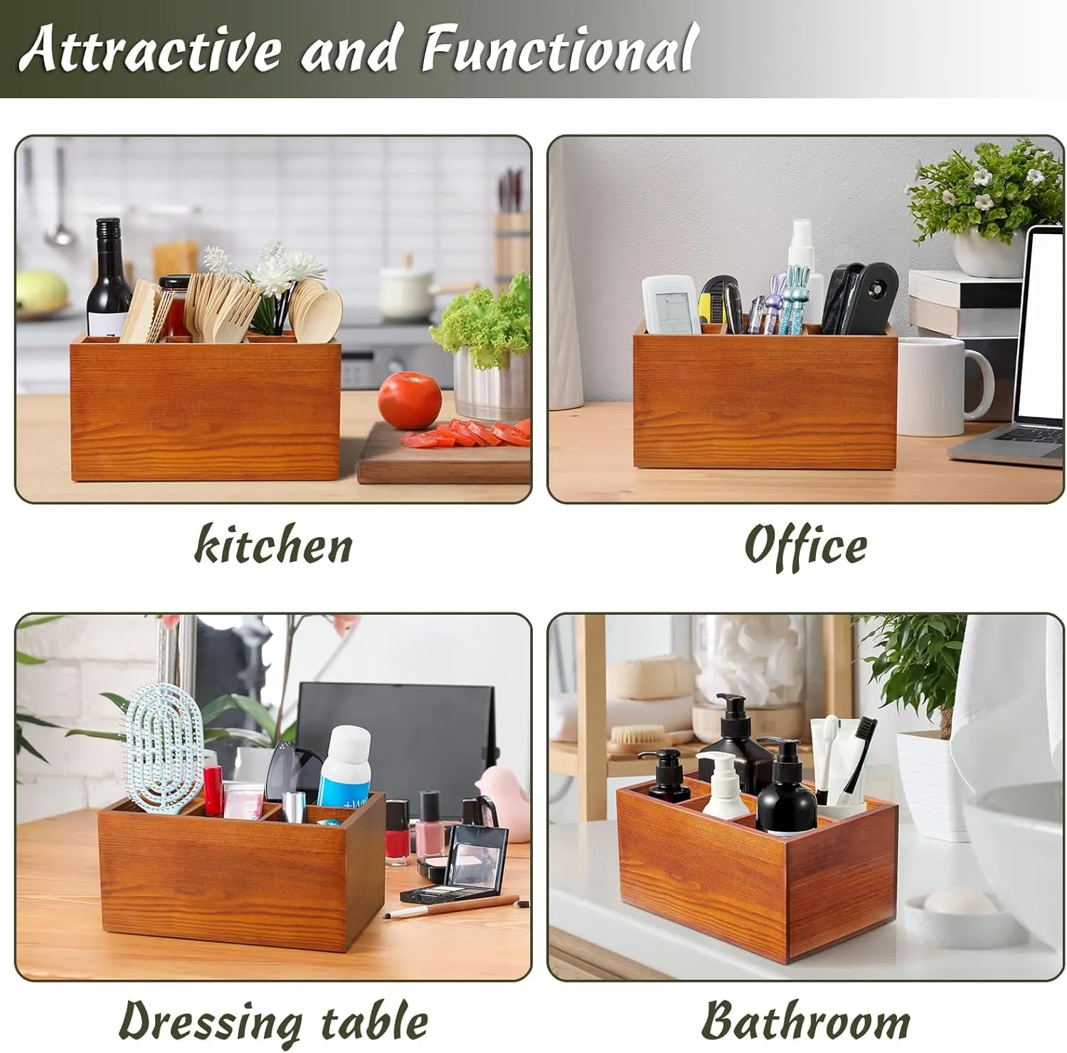 DRASTAR Utensil Caddy, Wooden Silverware Holder Countertop, Picnic Cutlery Holder, Plastic Silverware Organizer for Party, Brown