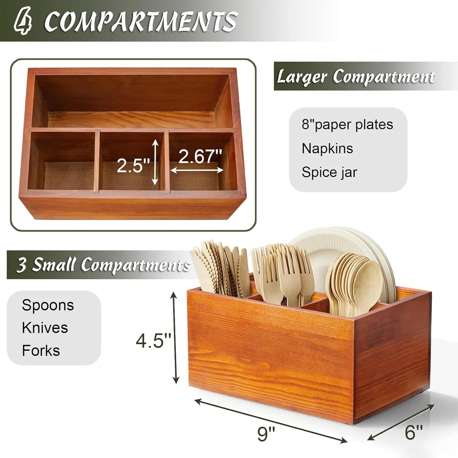 DRASTAR Utensil Caddy, Wooden Silverware Holder Countertop, Picnic Cutlery Holder, Plastic Silverware Organizer for Party, Brown