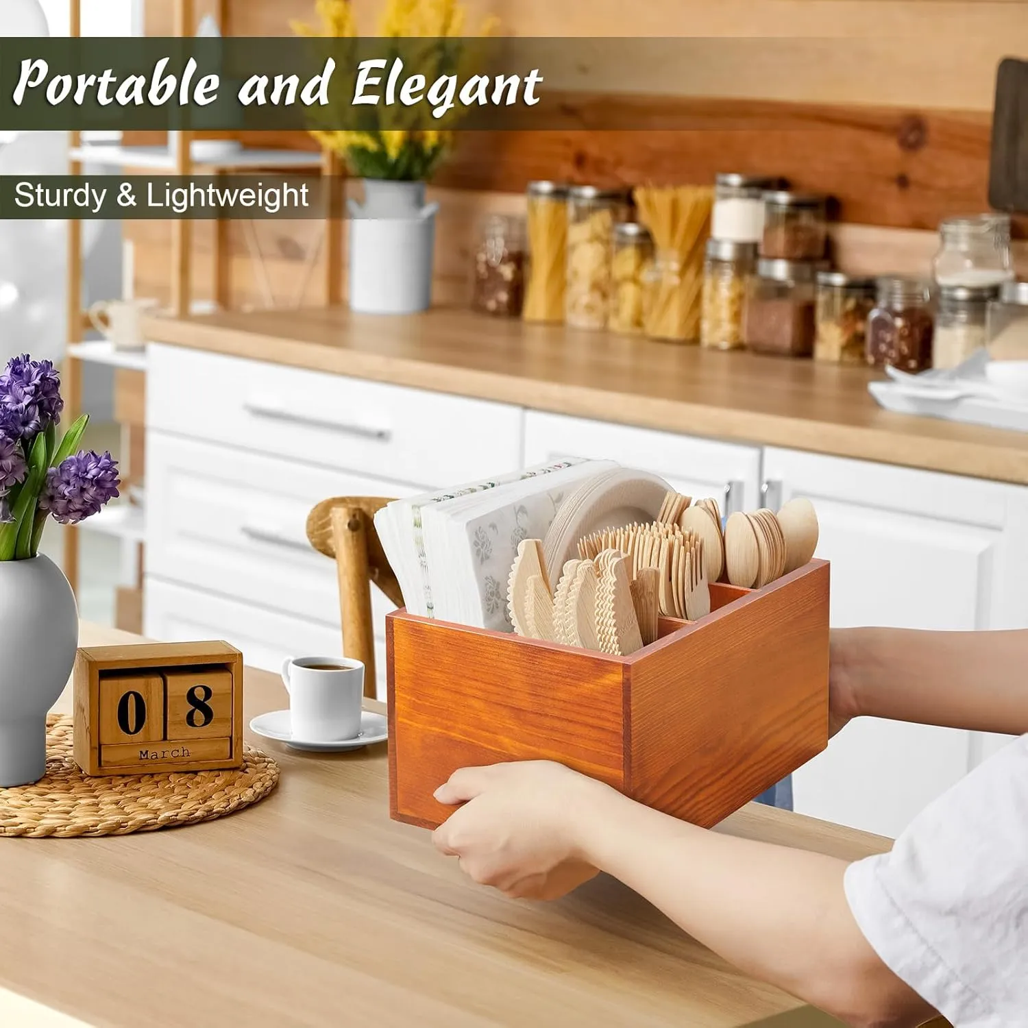 DRASTAR Utensil Caddy, Wooden Silverware Holder Countertop, Picnic Cutlery Holder, Plastic Silverware Organizer for Party, Brown