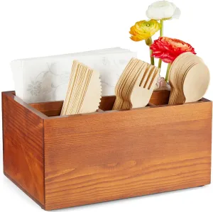 DRASTAR Utensil Caddy, Wooden Silverware Holder Countertop, Picnic Cutlery Holder, Plastic Silverware Organizer for Party, Brown